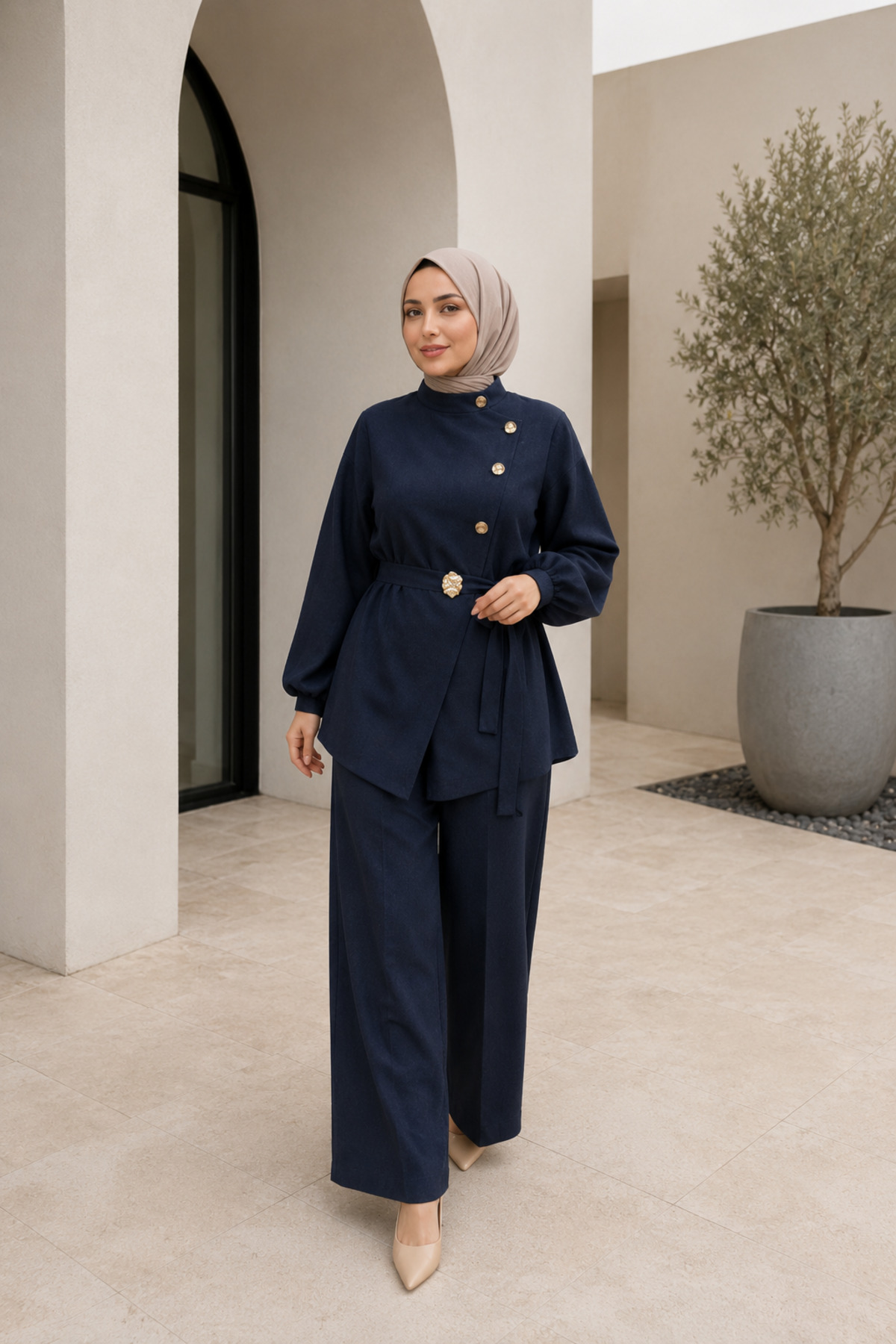 unika boutique Düğme Detaylı Kuşaklı Tunik Pantolon Tesettür Ikili Takım görsel 2