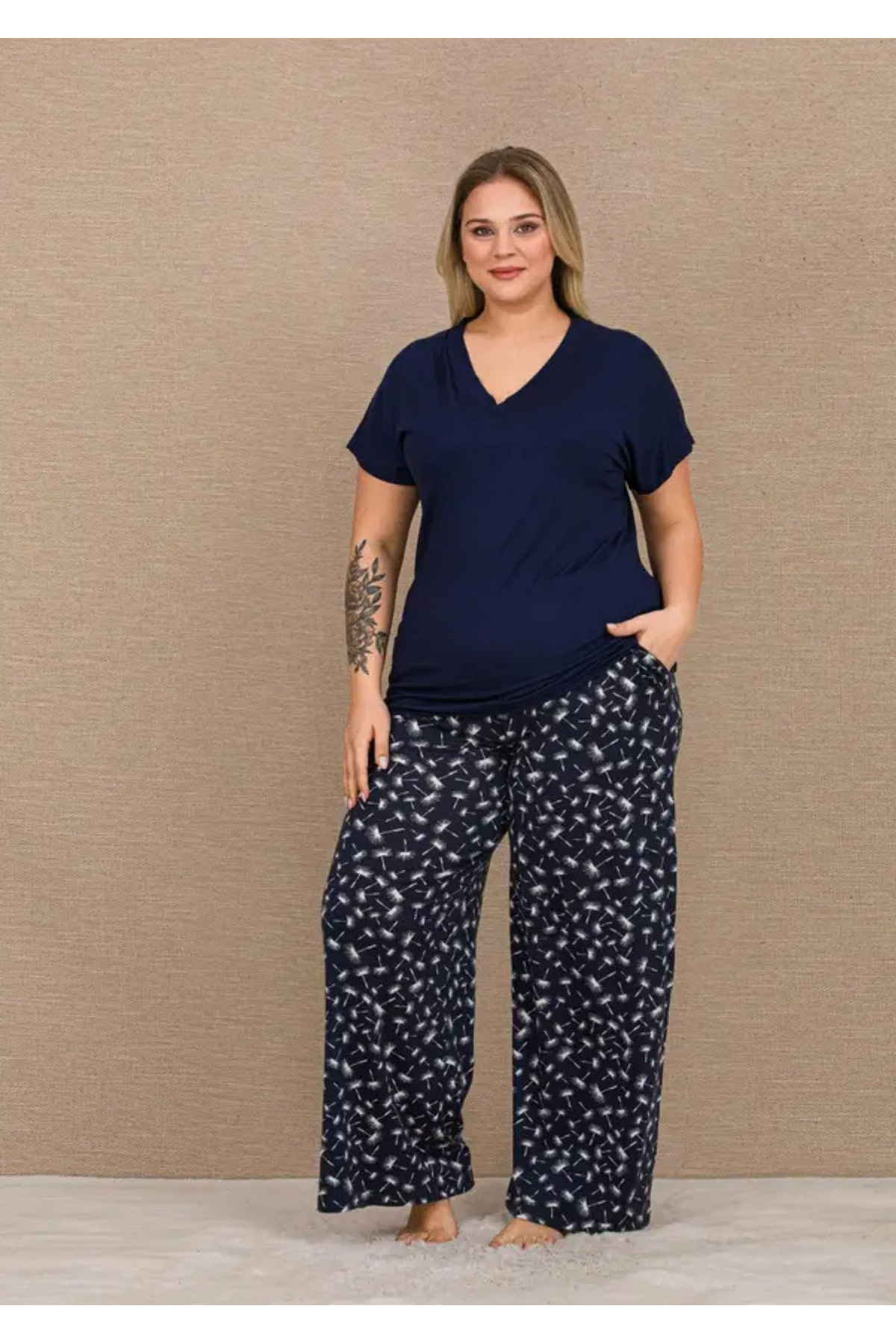 Yare Navy Blue Color, 11066 Short Sleeve Women's Plus Size Mother's Pajama Set