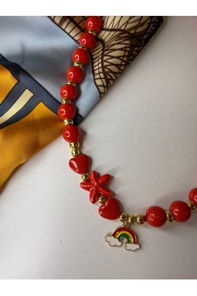 BEAD BERRY Kırmızı Boncuklu Gökkuşağı Ve Deniz Yıldızı Figürlü El Yapımı Kolye