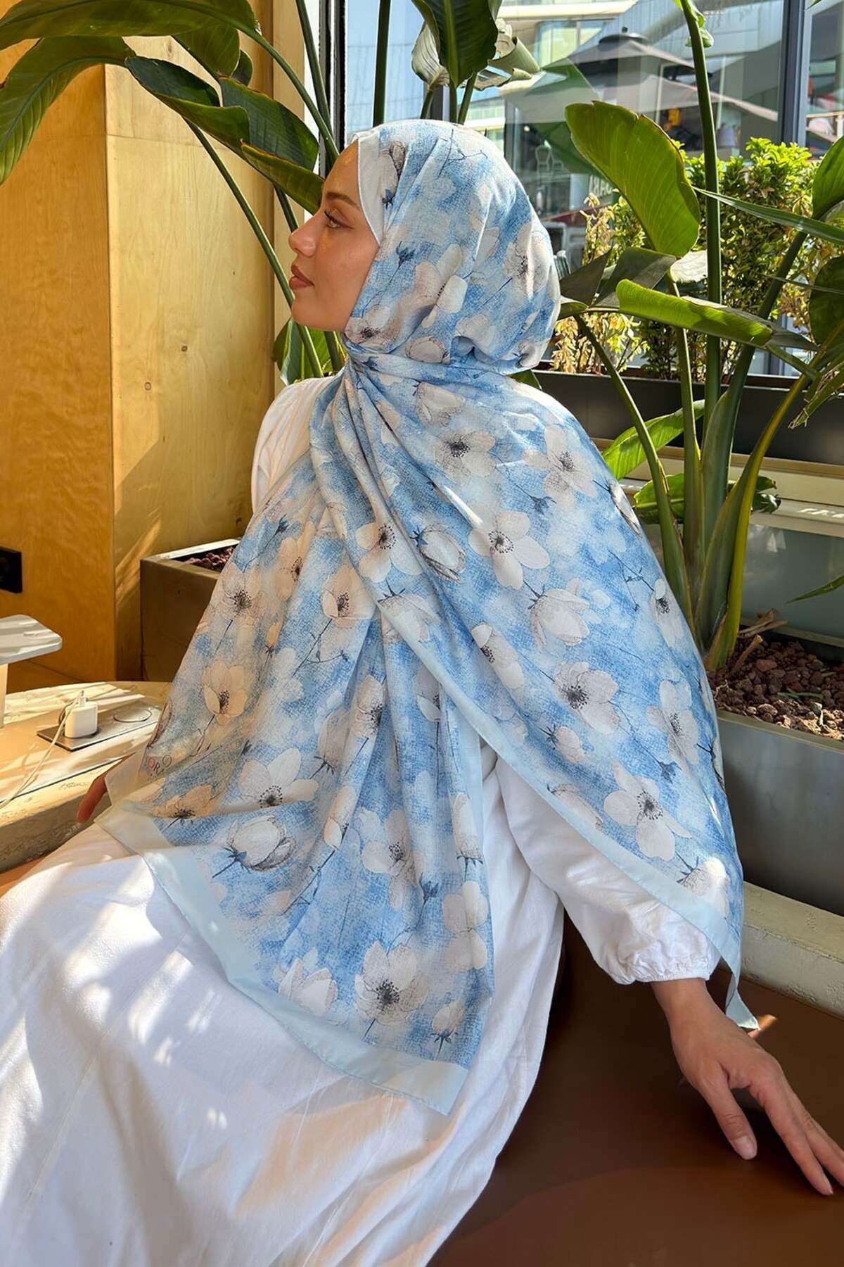 lamelif Çiçek Desen Lara Soft Şal Bebe Mavisi görsel 4