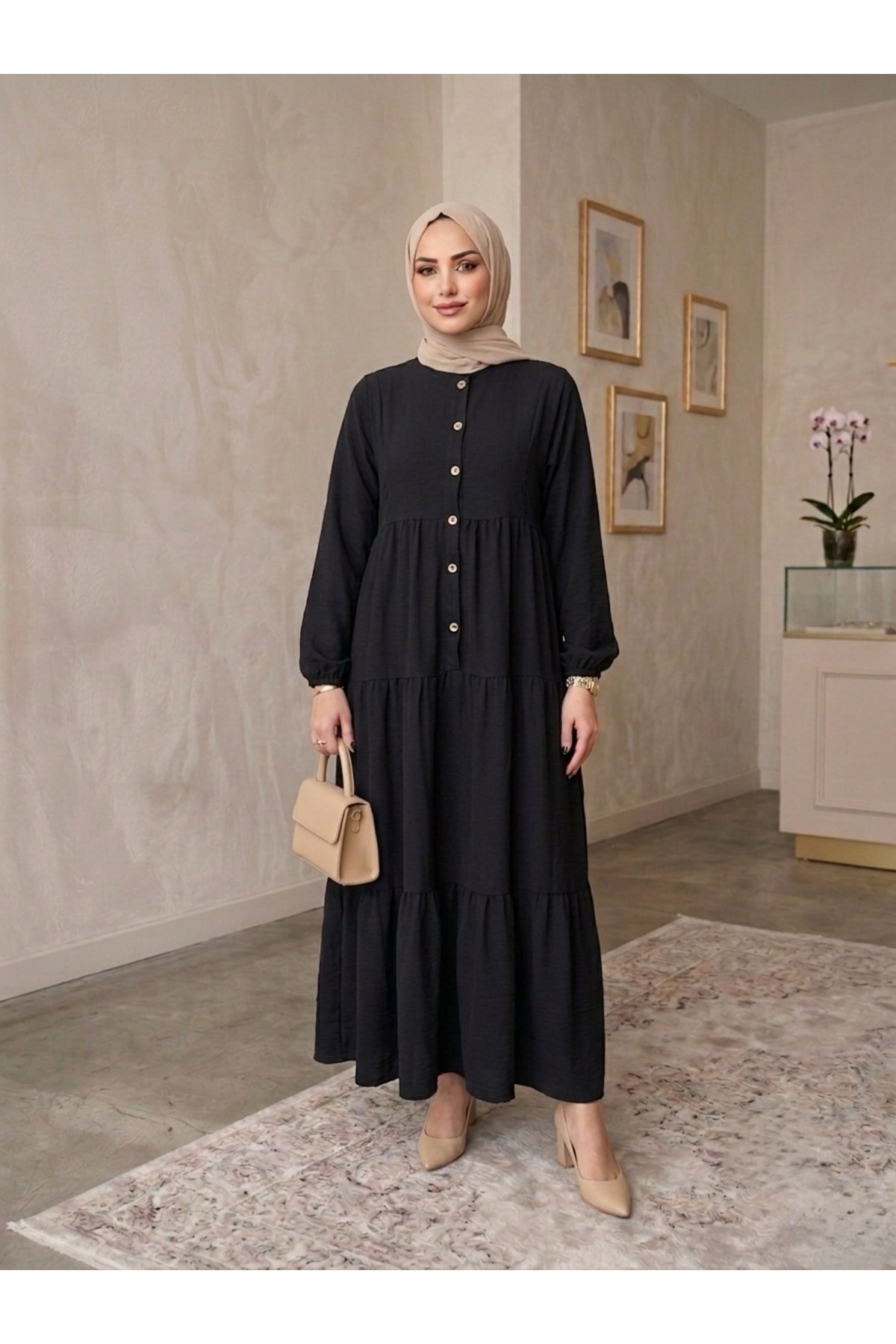 ECEYLÜL MODA %100 Pamuk Önü Düğmeli Siyah Salaş Bol Kesim Kat Kat Uzun Tesettür Elbise
