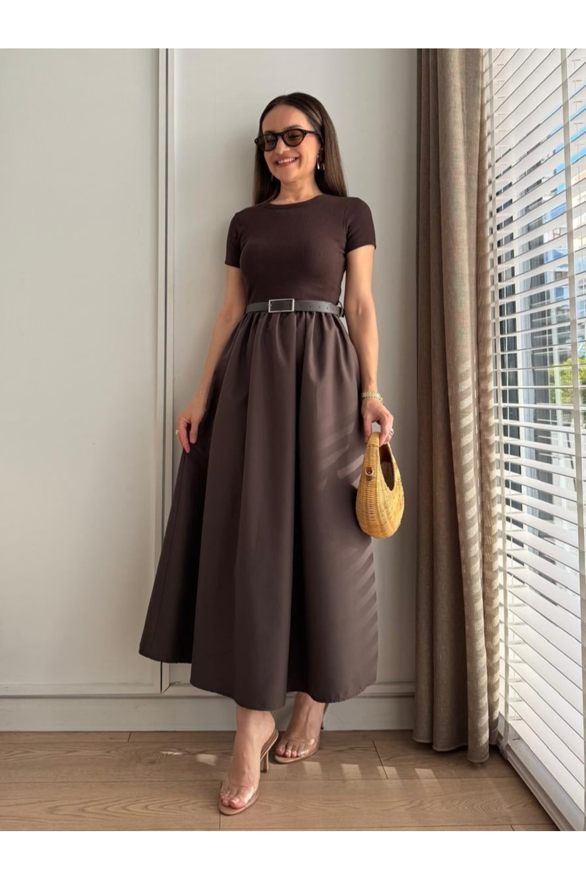 My Blog Brown Belted Skirt Poplin Dress - 4113