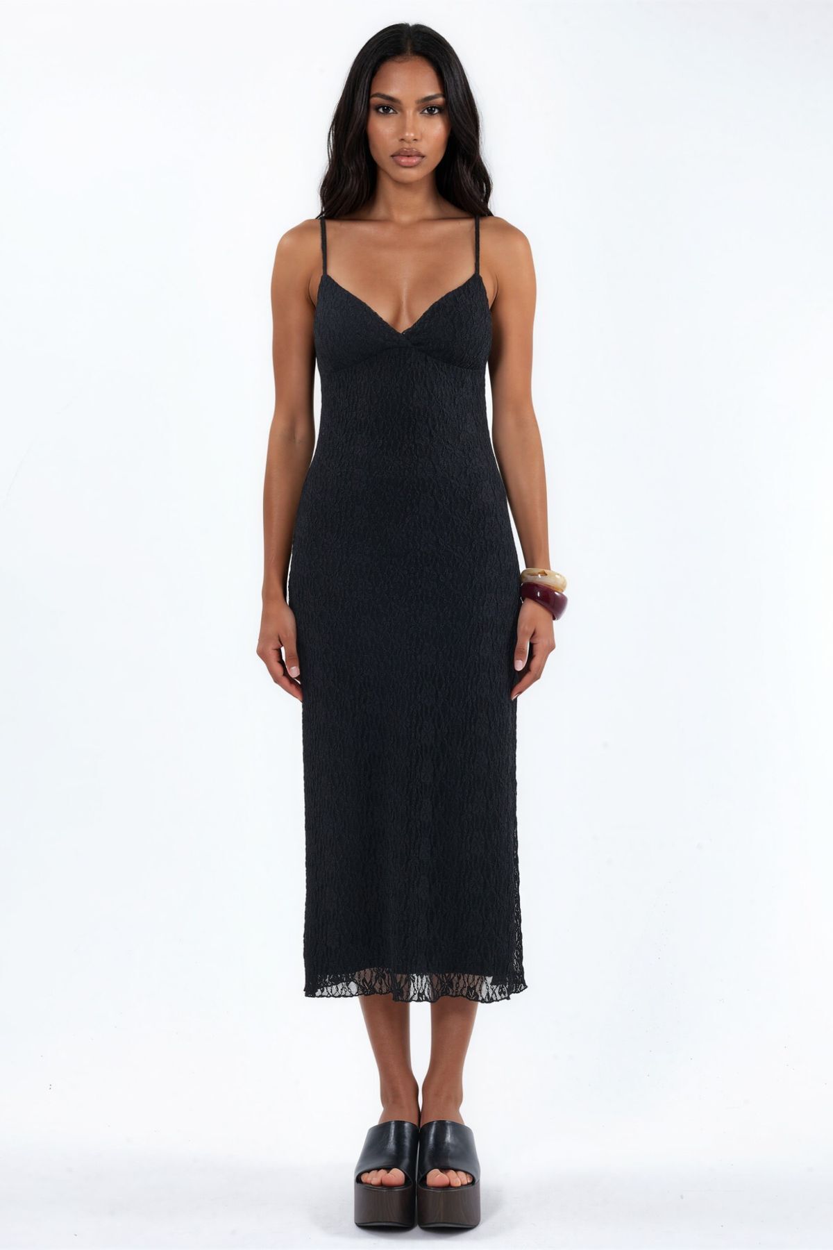 Hiccup V yakalı dantel bodycon midi elbise görsel 7