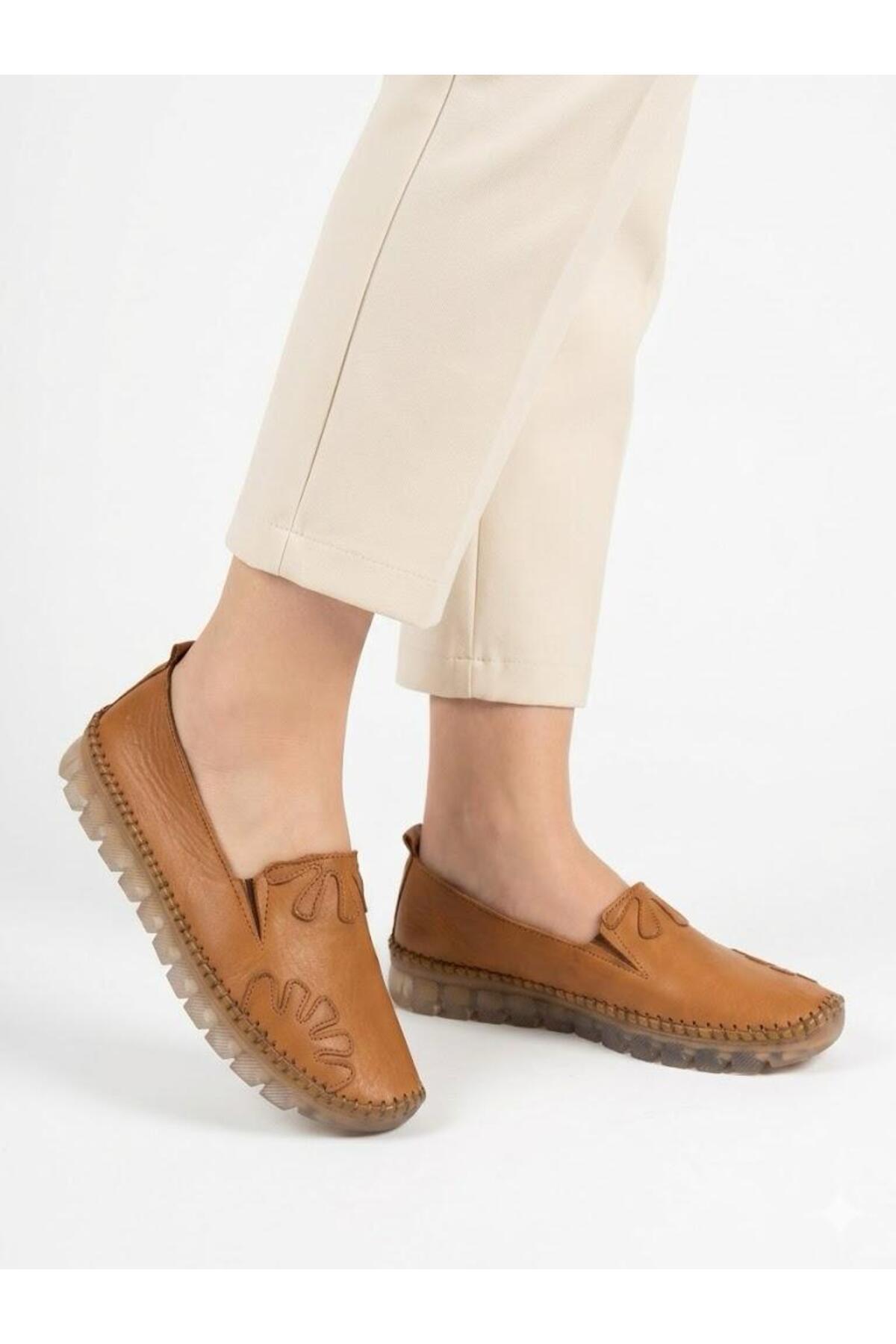Lütfi Women's Tan Genuine Leather Orthopedic Soft Sole Casual Shoes