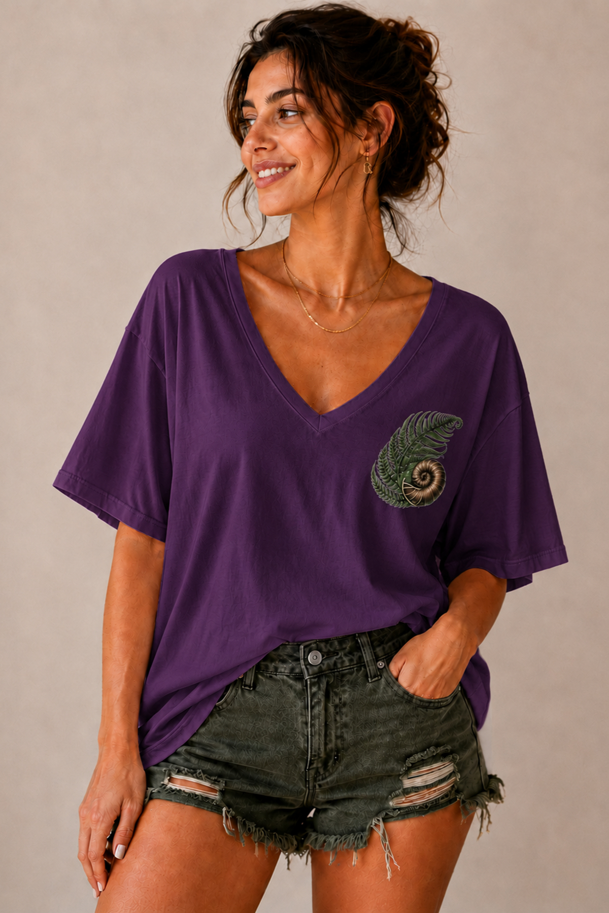 ArtYus Yaprak ve Salyangoz Baskılı V Yaka Salaş Unisex Oversize Tişört - Pamuklu Günlük T-Shirt