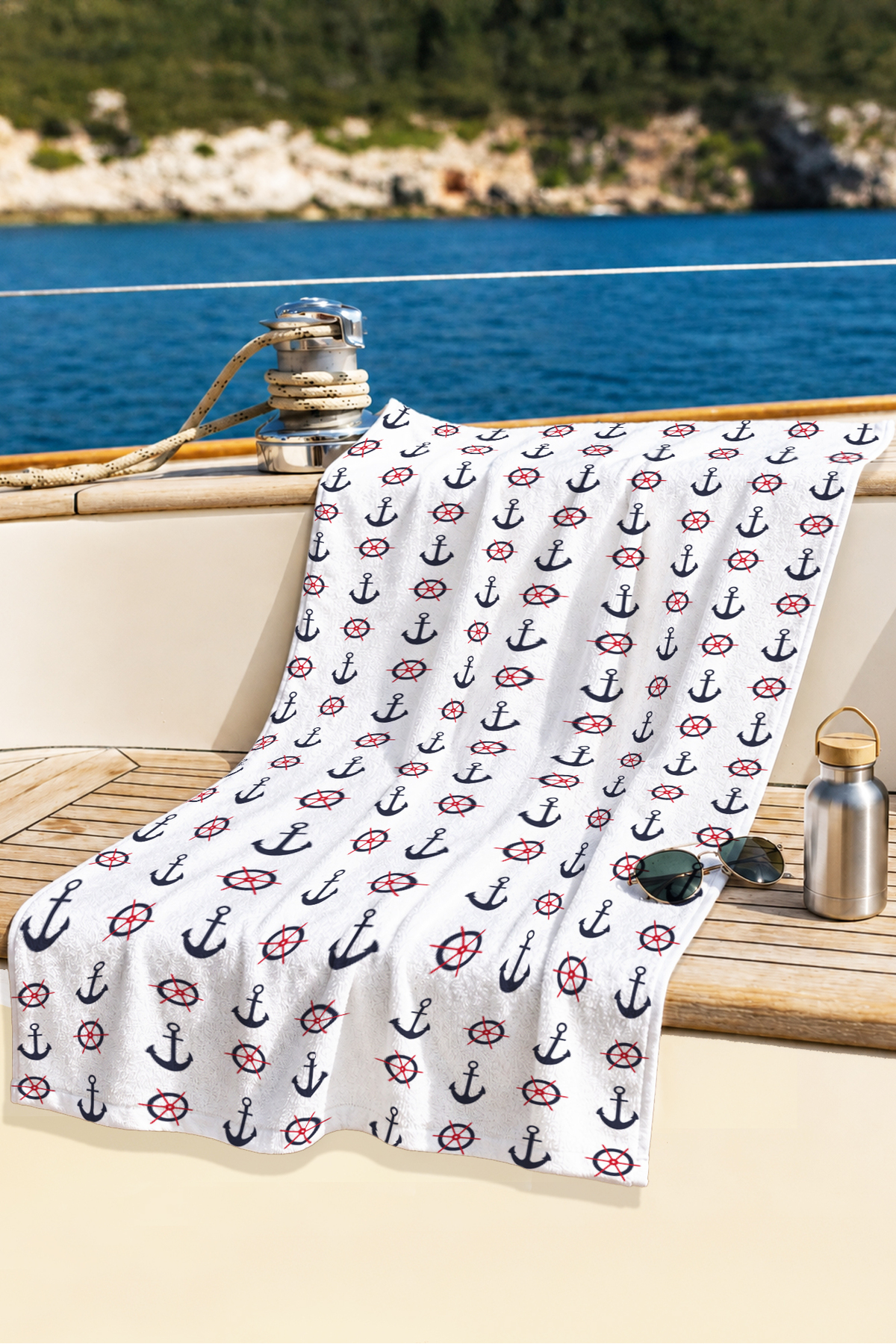 Anchor Rudder Marine Beach Towel - White Navy Red Nautical Fast Drying Microfiber Towel