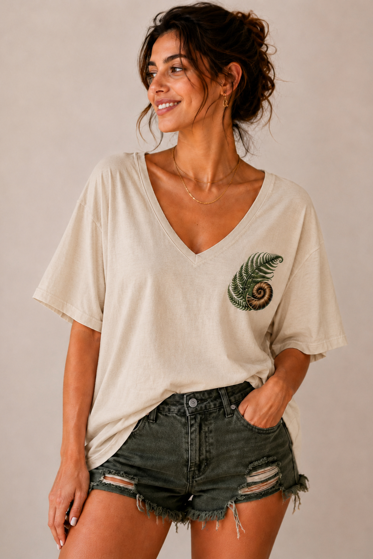 ArtYus Yaprak ve Salyangoz Baskılı V Yaka Salaş Unisex Oversize Tişört - Pamuklu Günlük T-Shirt