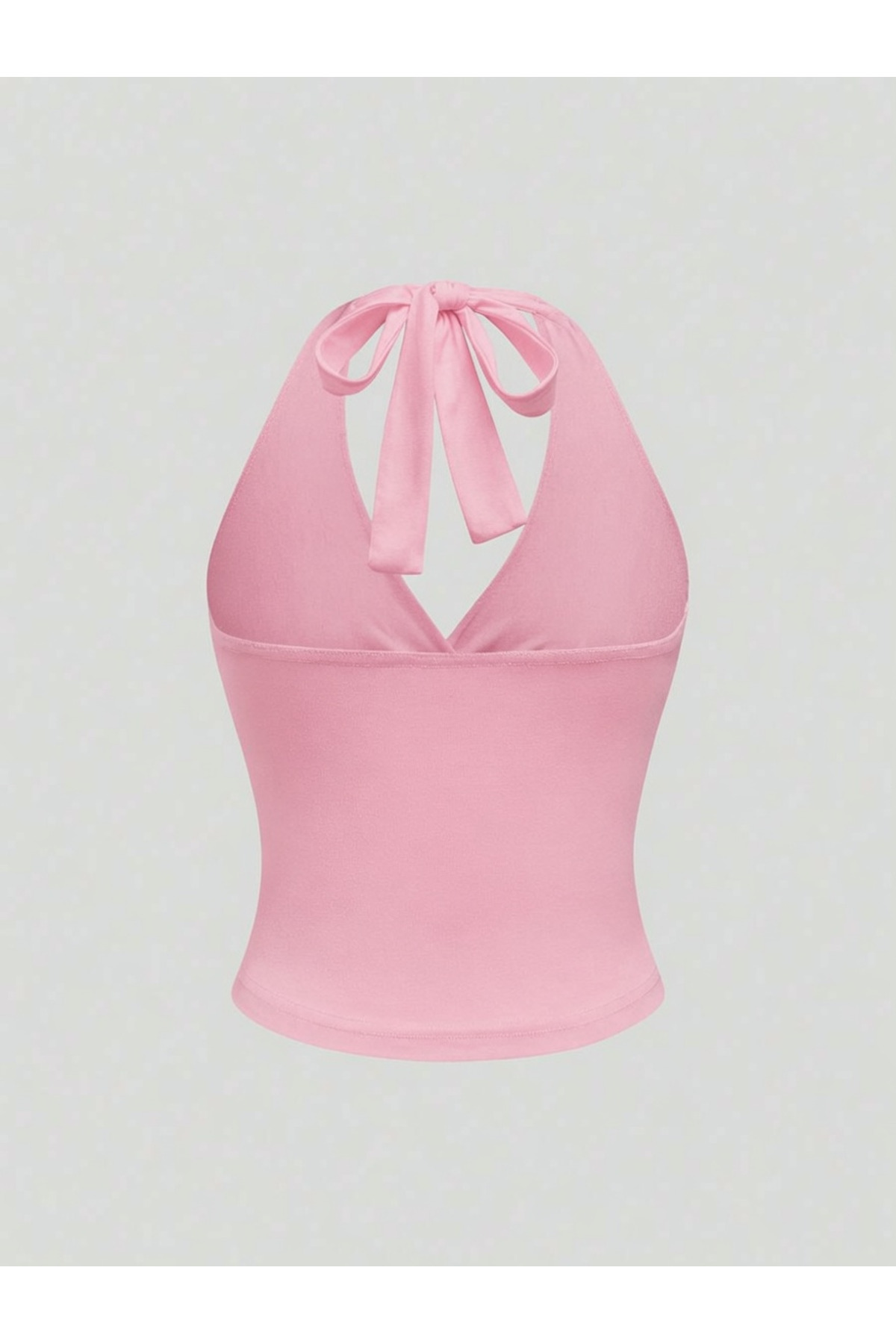 Wildco  Şeker Pembe Boyundan Bağlamalı Crop Bluz, Kadın Derin V Yaka Yazlık Toz Pembe Bluz - Görsel 5
