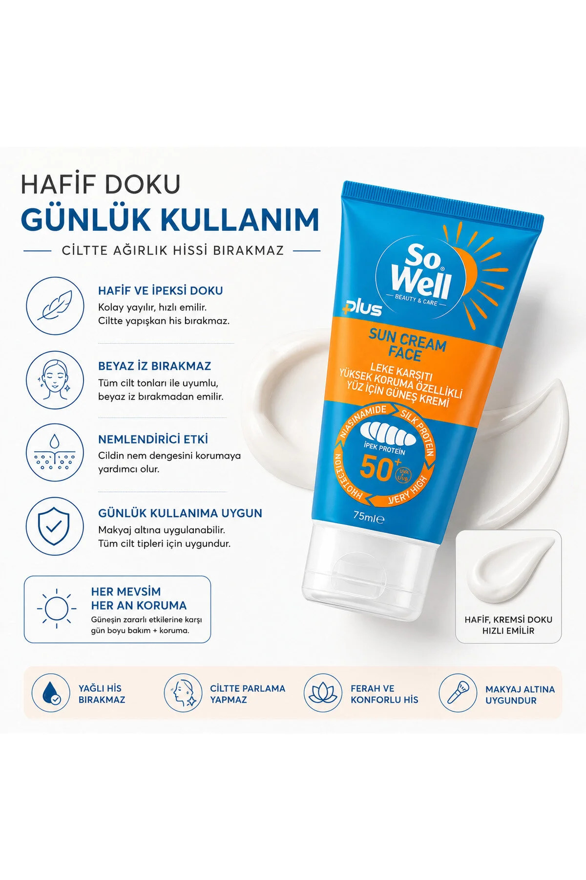 So well Leke Karşıtı Yüz İçin Güneş Kremi Spf 50+ Plus 75 ml + Hyaluronic Serum Hediyeli 20 ml — SW1 — تصویر 2 از 6