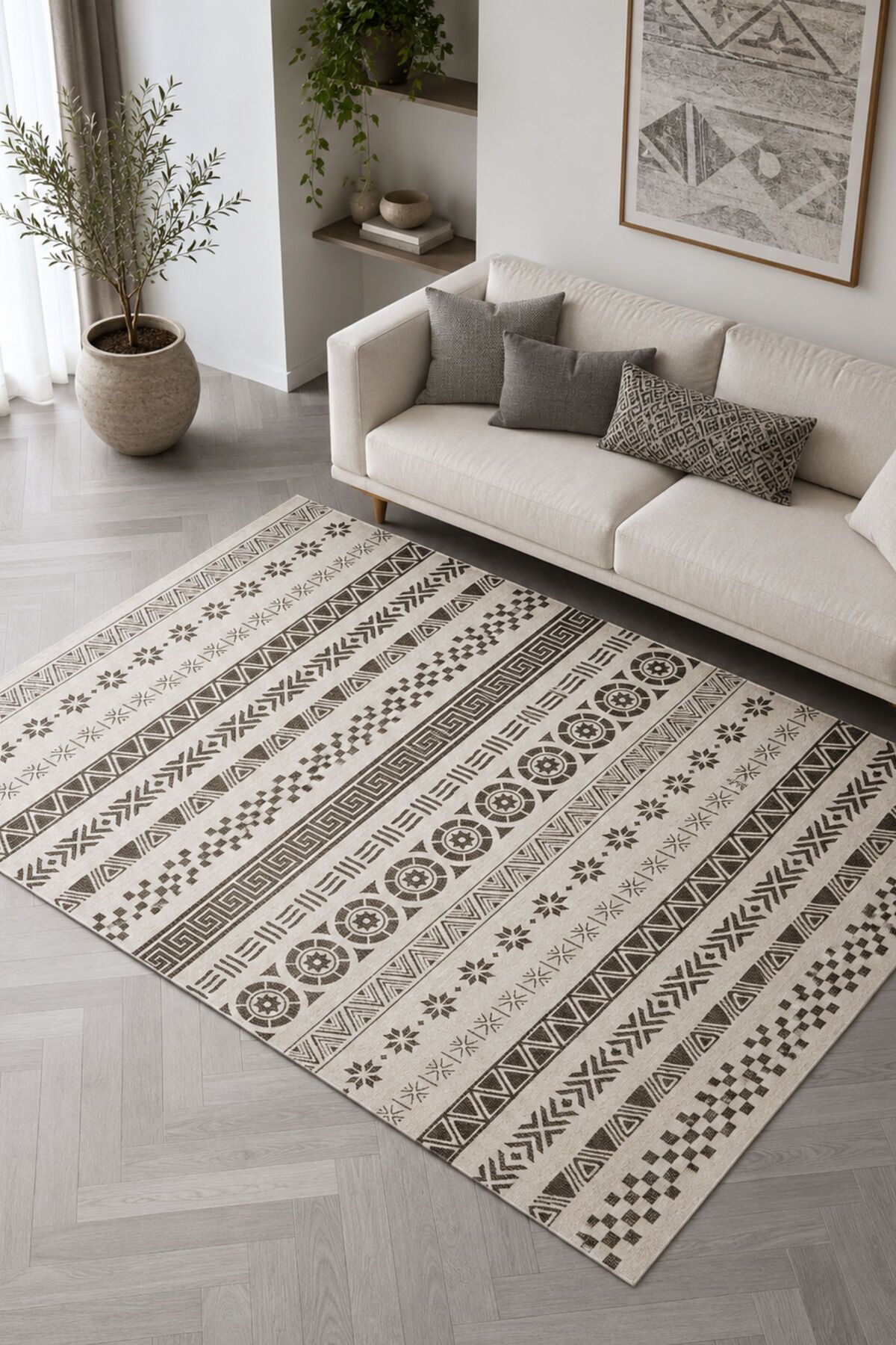 Talya Series Anthracite Cream Washable Non-Slip Base Chenille Living Room Rug Runner 7220