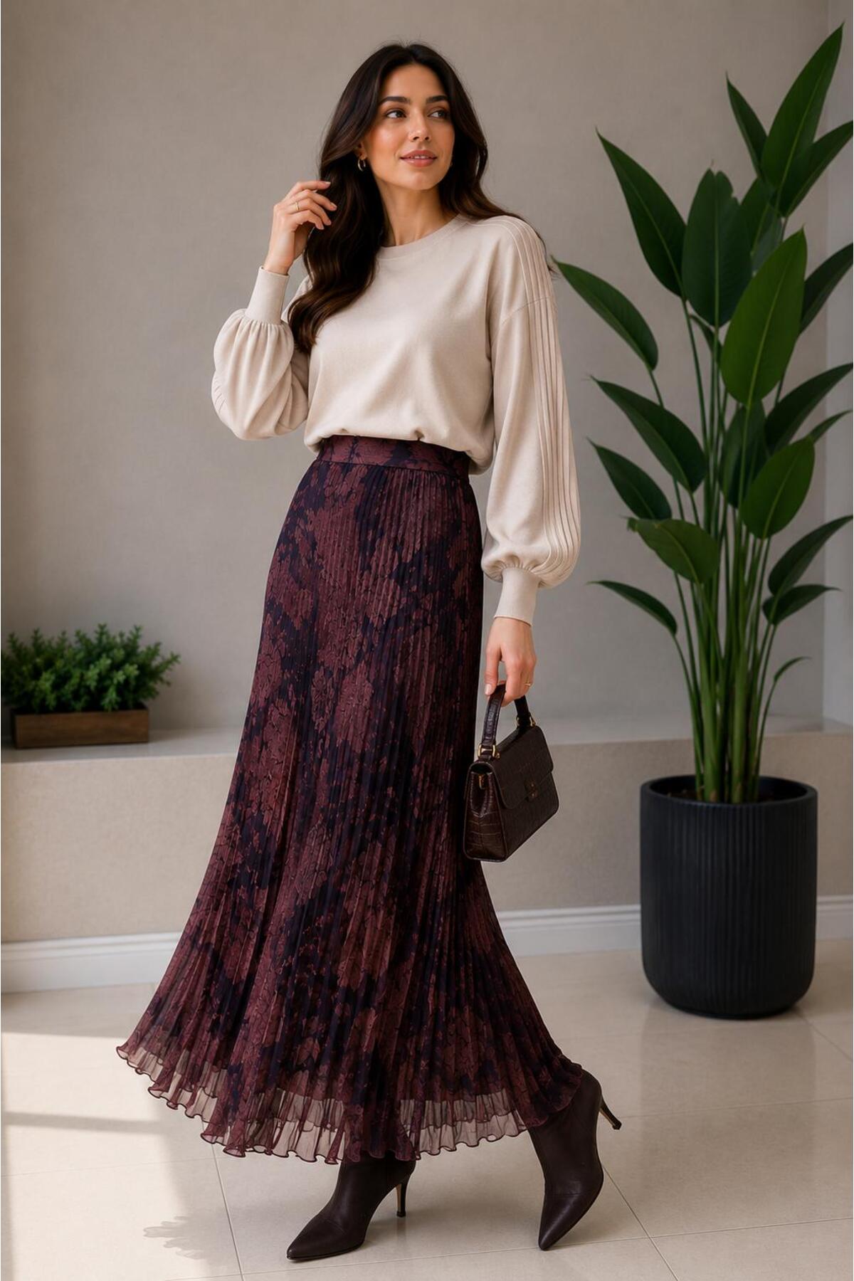 High Waist Floral Pleated Long Skirt