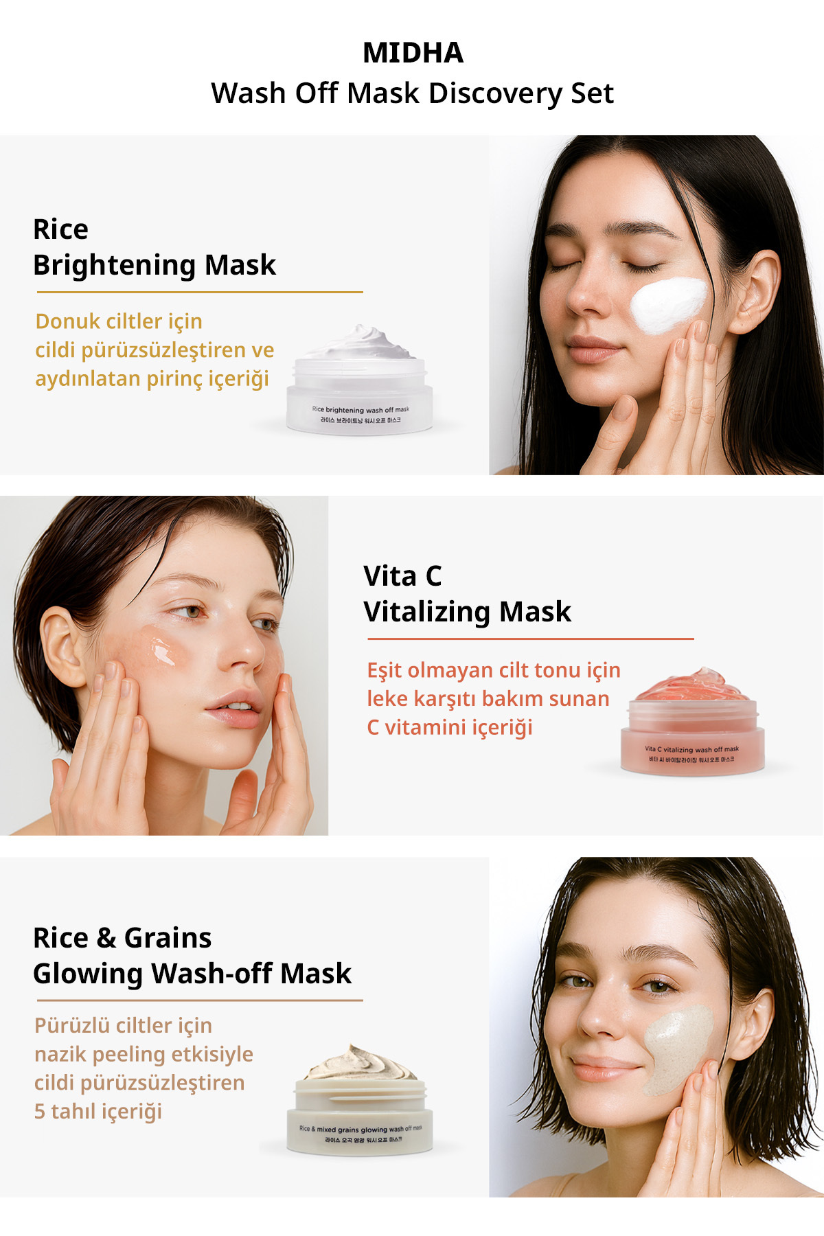 MIDHA Nemlendirici Aydınlatıcı & Peeling Etkili 3lü Krem Maske