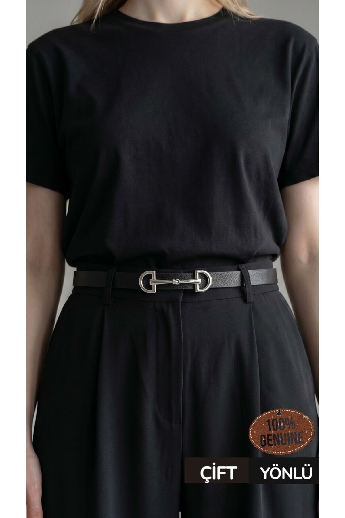 100% Genuine Leather Two-Way Women's Slim Belt with Black-Brown Silver Buckle