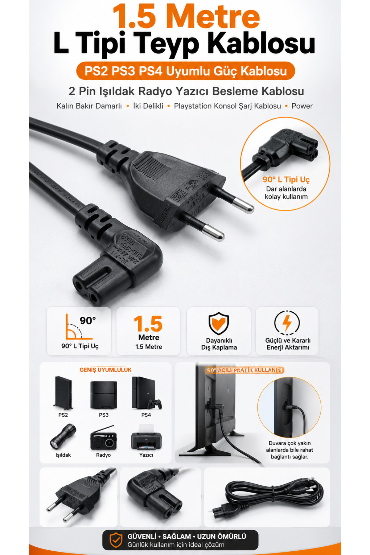 1.5 Metre L Tipi Teyp Kablosu PS2 PS3 PS4 Uyumlu Güç Kablosu 2 Pin Işıldak Radyo Yazıcı Besleme Kablosu Kalın Bakır Damarlı Elektrik Kablosu İki Delikli Playstation Konsol Şarj Kablosu Power