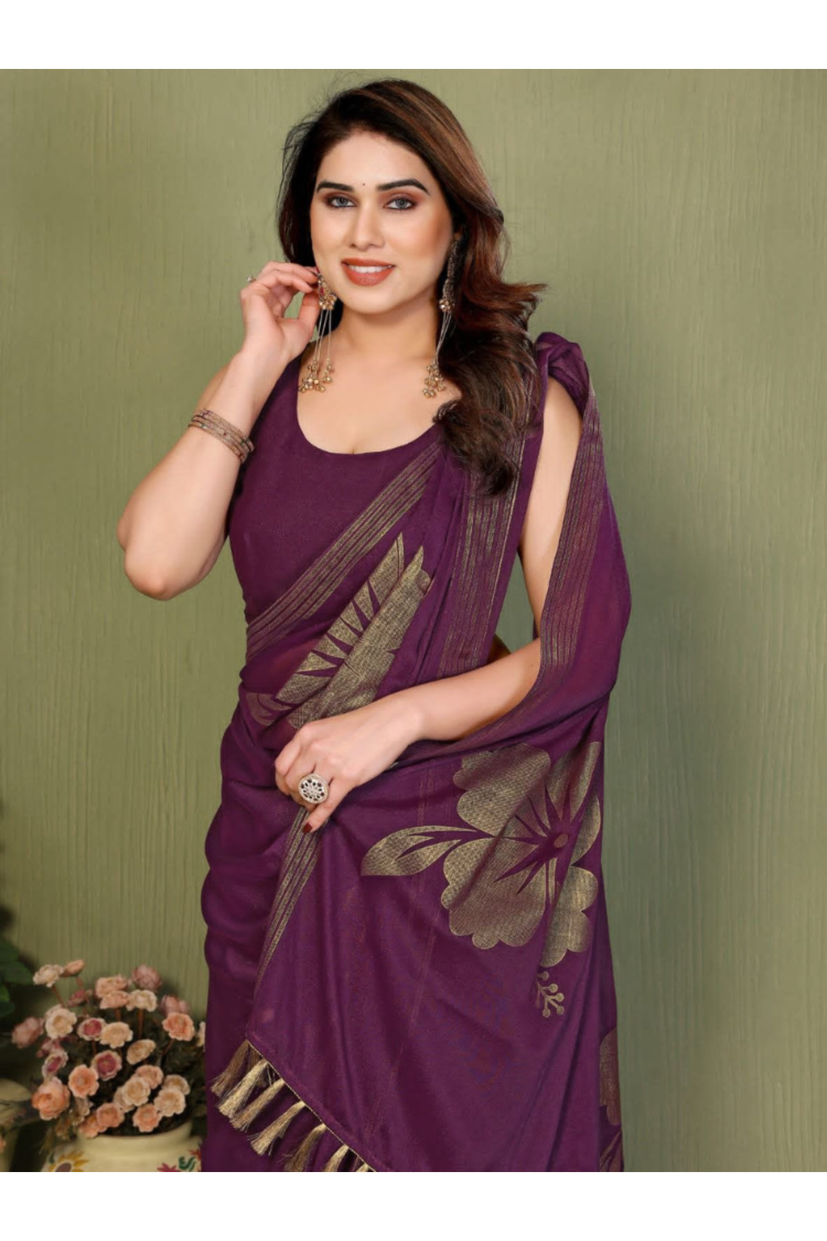 MYSMAR Purple Georgette Silk Foil Print Saree - FFT8726 | Purple