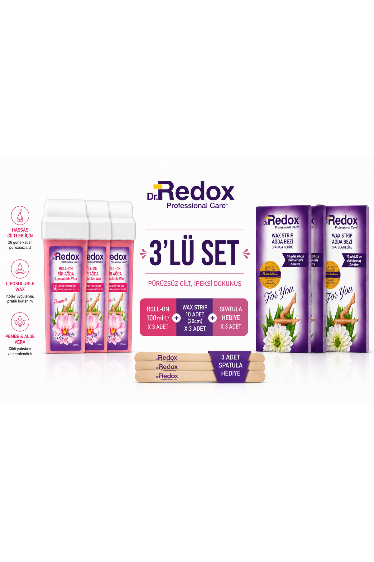 DR REDOX Dr. Redox Professional Care Roll-On Sir Ağda Pudralı Hassas Ciltler İçin 3'lü Ekonomik Set | 3 x 100 ml Ağda Kartuşu + 3 Paket Wax Strip Ağda Bezi + 3 Ahşap Spatula — redoxagdaset-31