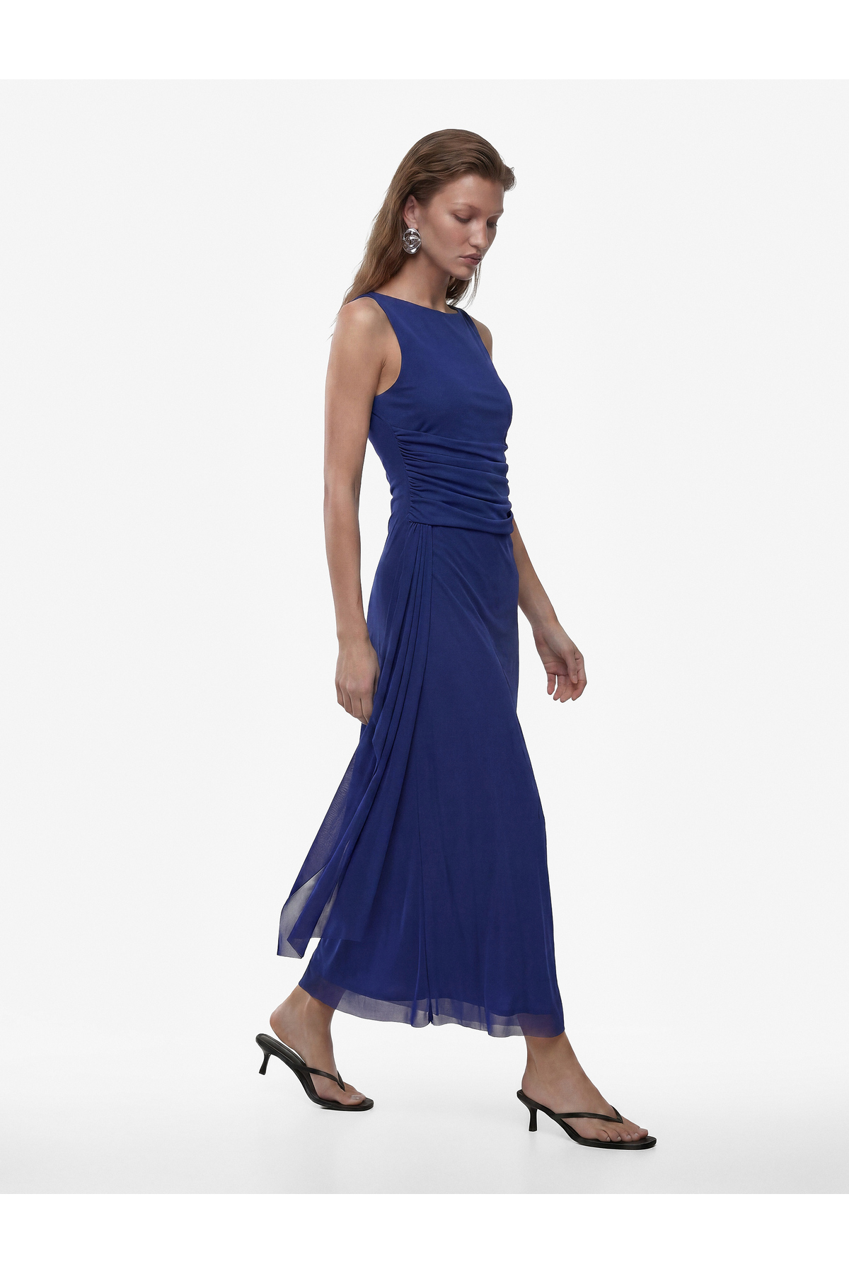 Koton Slim Fit Asymmetrical Draped Boat Neck Sleeveless Midi Dress