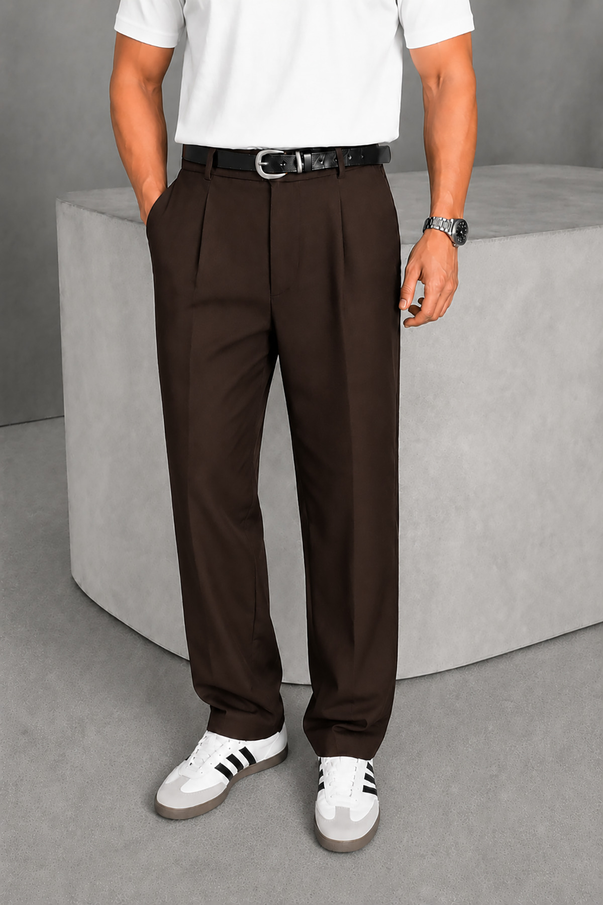Men's Brown Pleated Detail Timeless Design Premium Fabric Pants