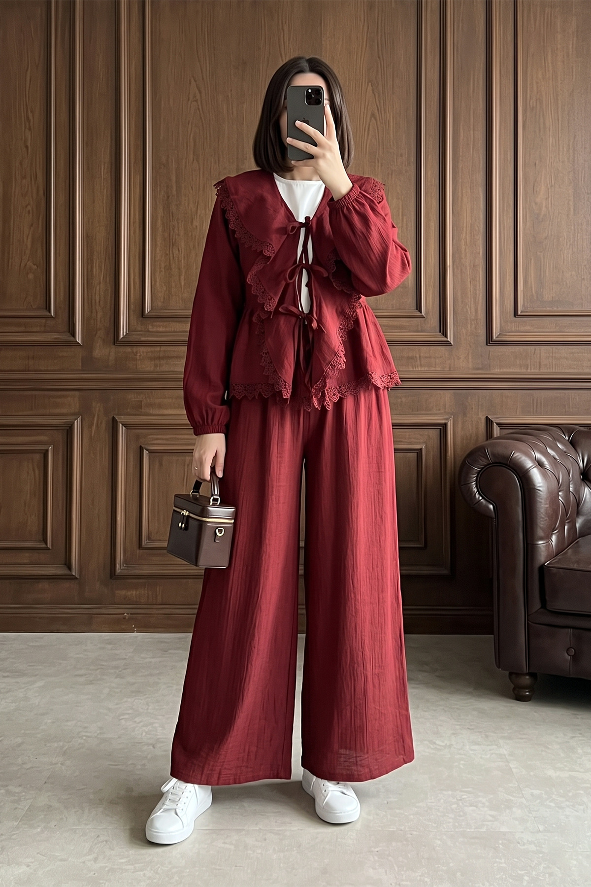 MODAQU Lace Detailed Tie-Front Strawberry Fabric Two-Piece Suit with Trousers - Burgundy
