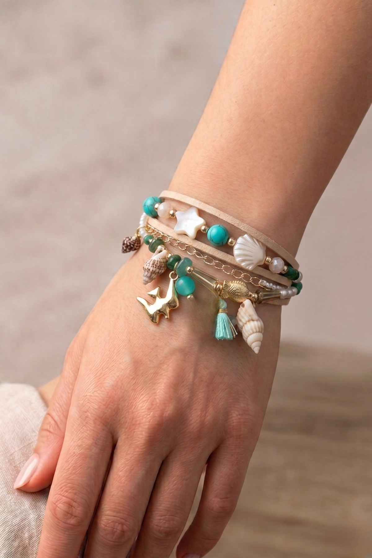 ETHNIC BOHEMIAN MULTIPLE BRACELET WHALE TAIL NATURAL STONE
