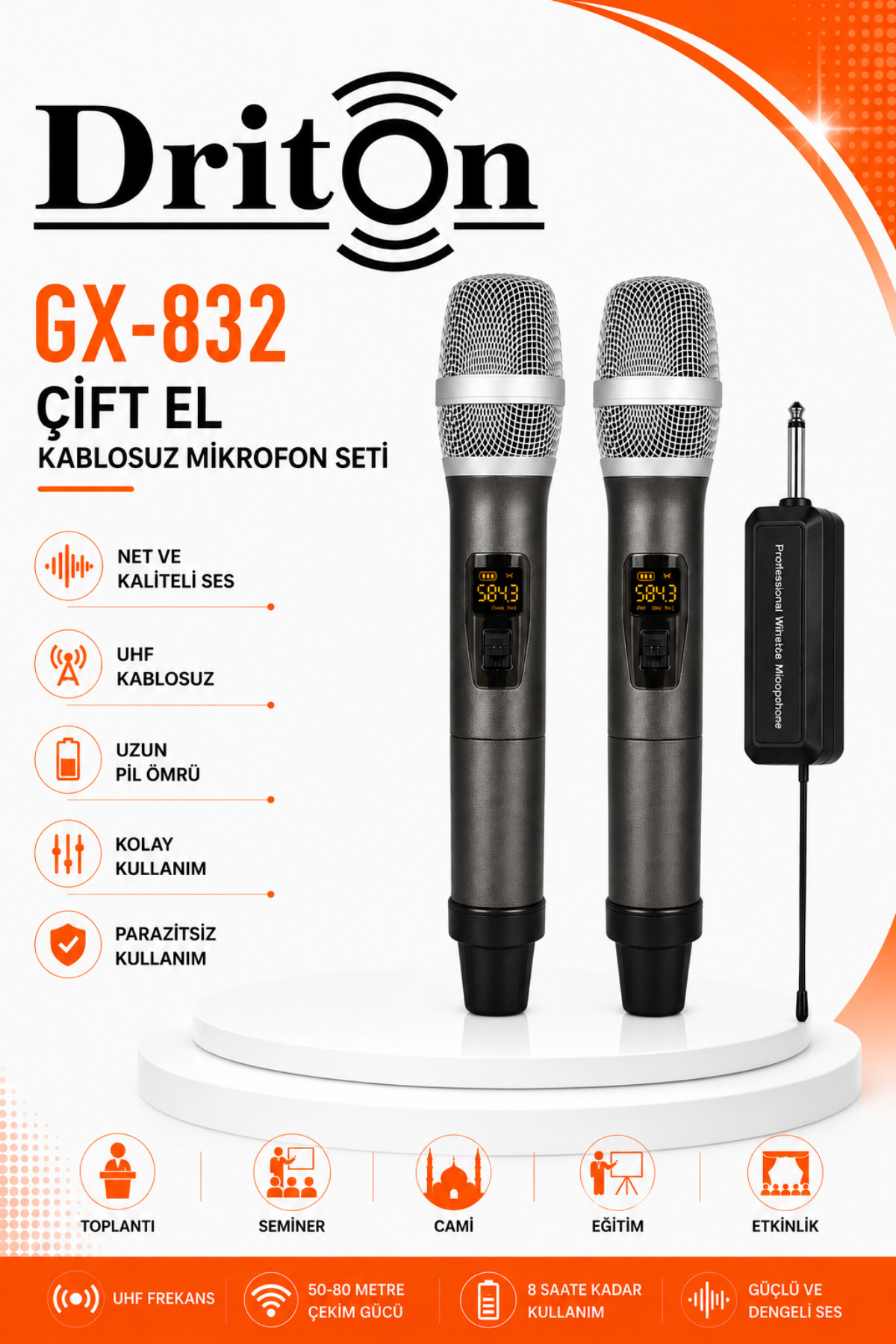 DRİTON GX-832 KABLOSUZ JACKLI TELSİZ ÇİFT EL - EL MİKROFON