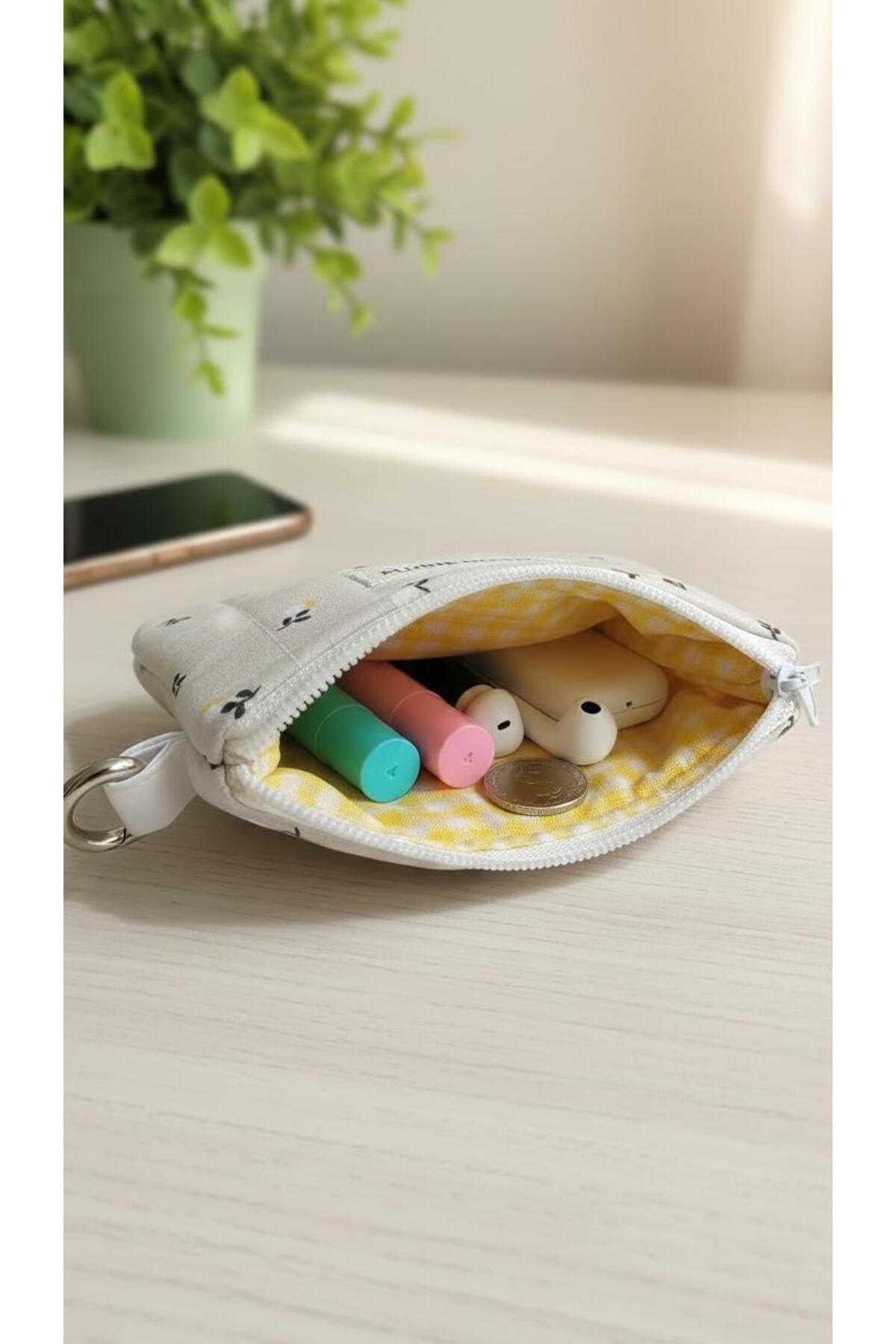 PURSEMARK Krem Sarı Çiçek Desenli El Yapımı Küçük Cüzdan görsel 2