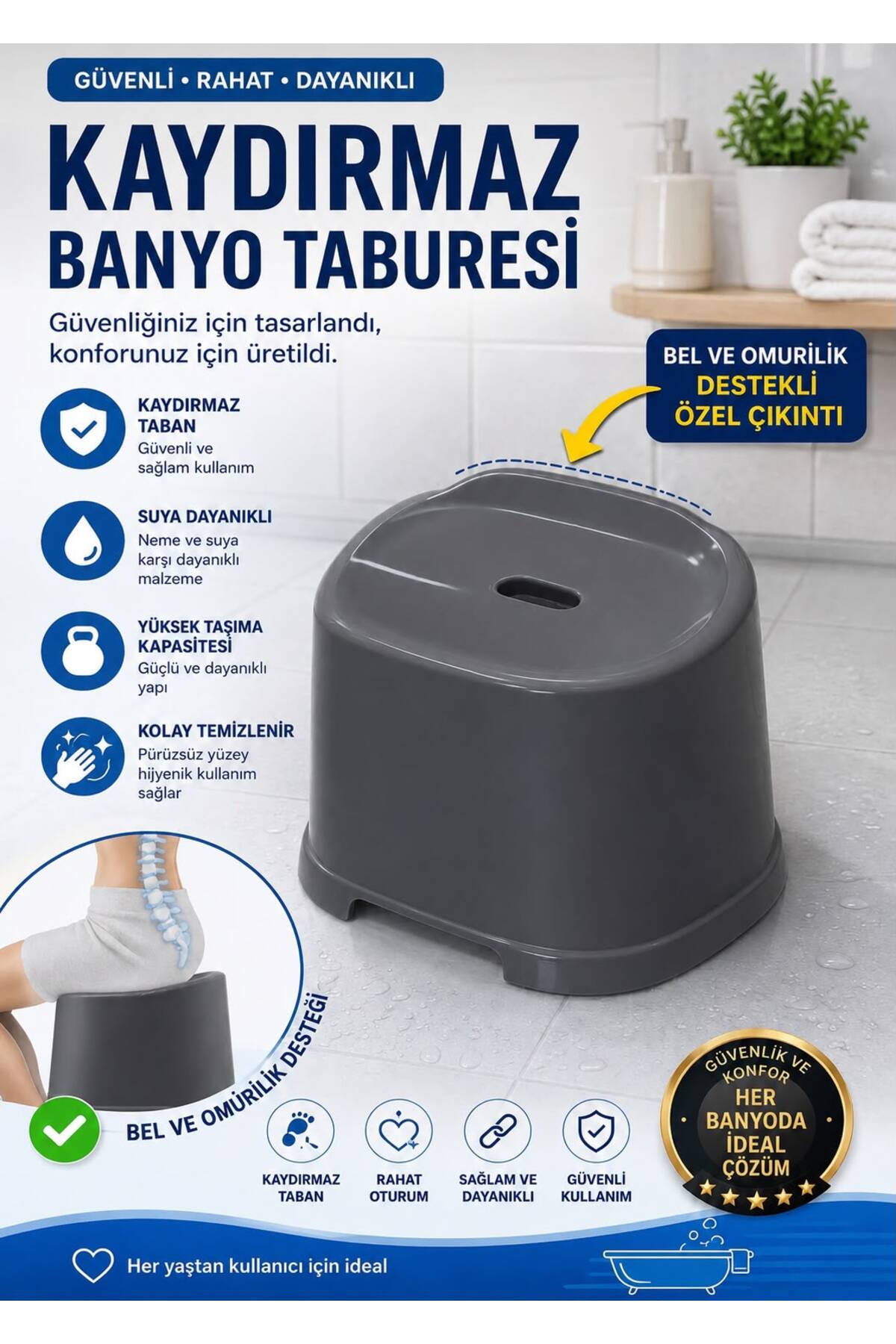 Anti-Slip Bath Stool Lumbar Support Plastic Shower Seat Safe Bath Stool - Anthracite Grey