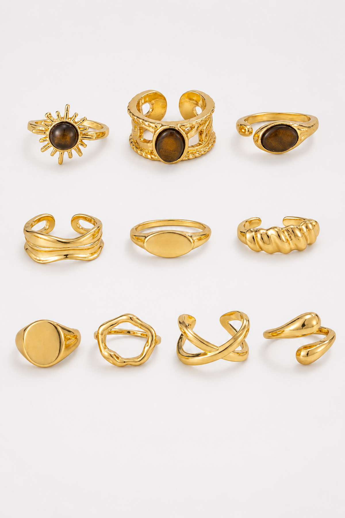 TREND COLLECTİON 10’lu Gold Ayarlanabilir Yüzük Seti - Vintage Kadın VİP Yüzük Set görsel 4