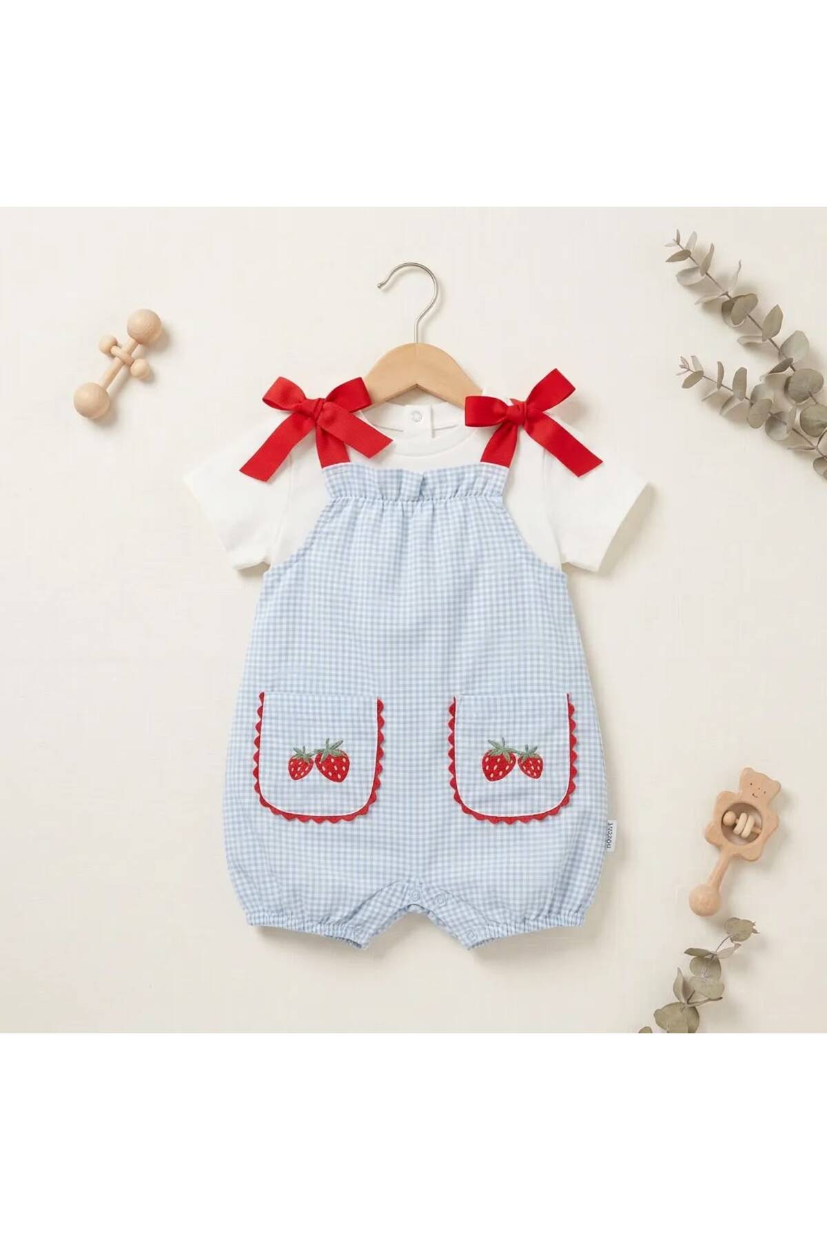 Luna Kids Store Baby Girl Strawberry Embroidered Gingham Salopet & T-Shirt Set - Blue