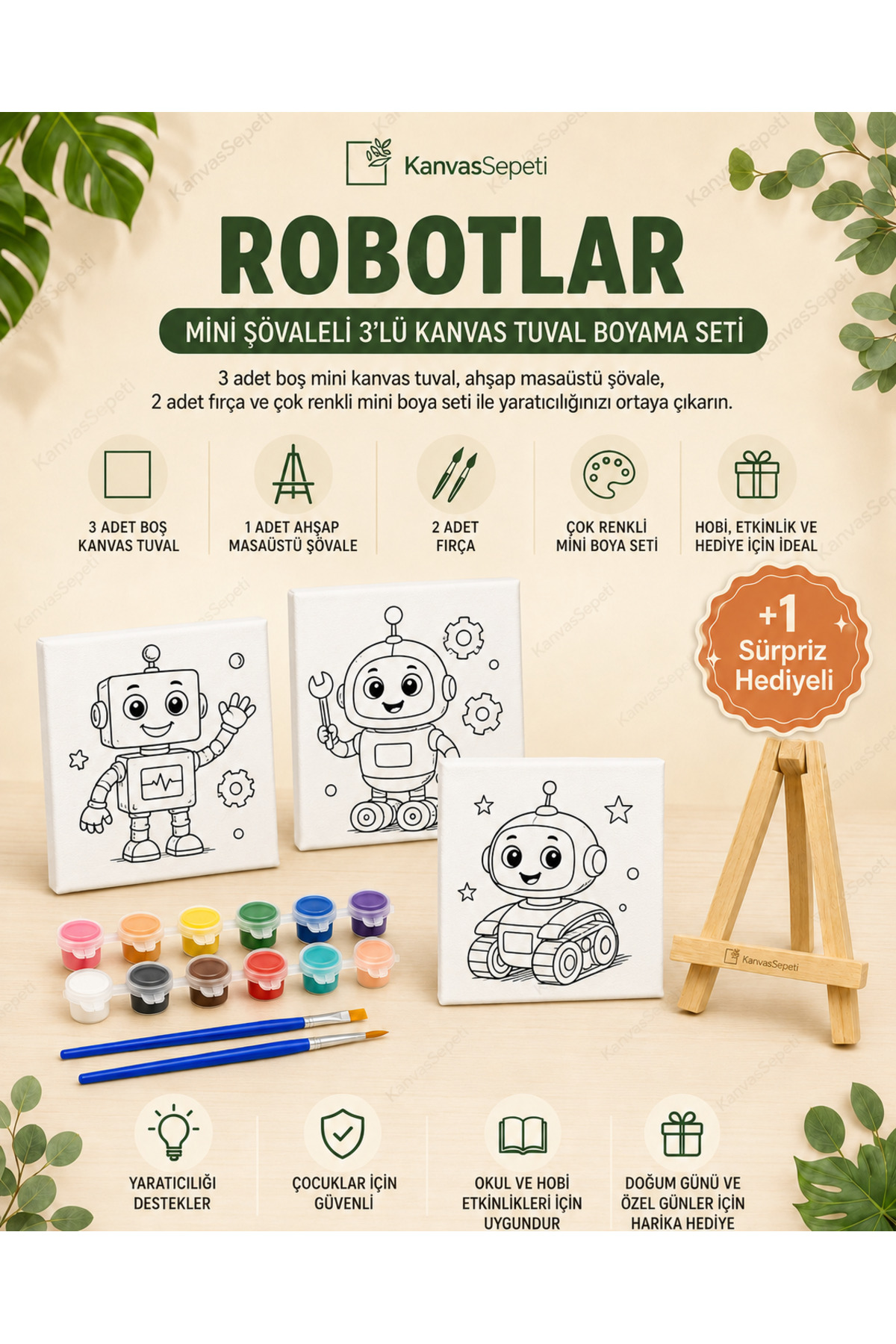 Robotlar Mini Şövaleli 3'lü Boyanabilir Kanvas Tuval Seti 20x20 12 Renk Boya