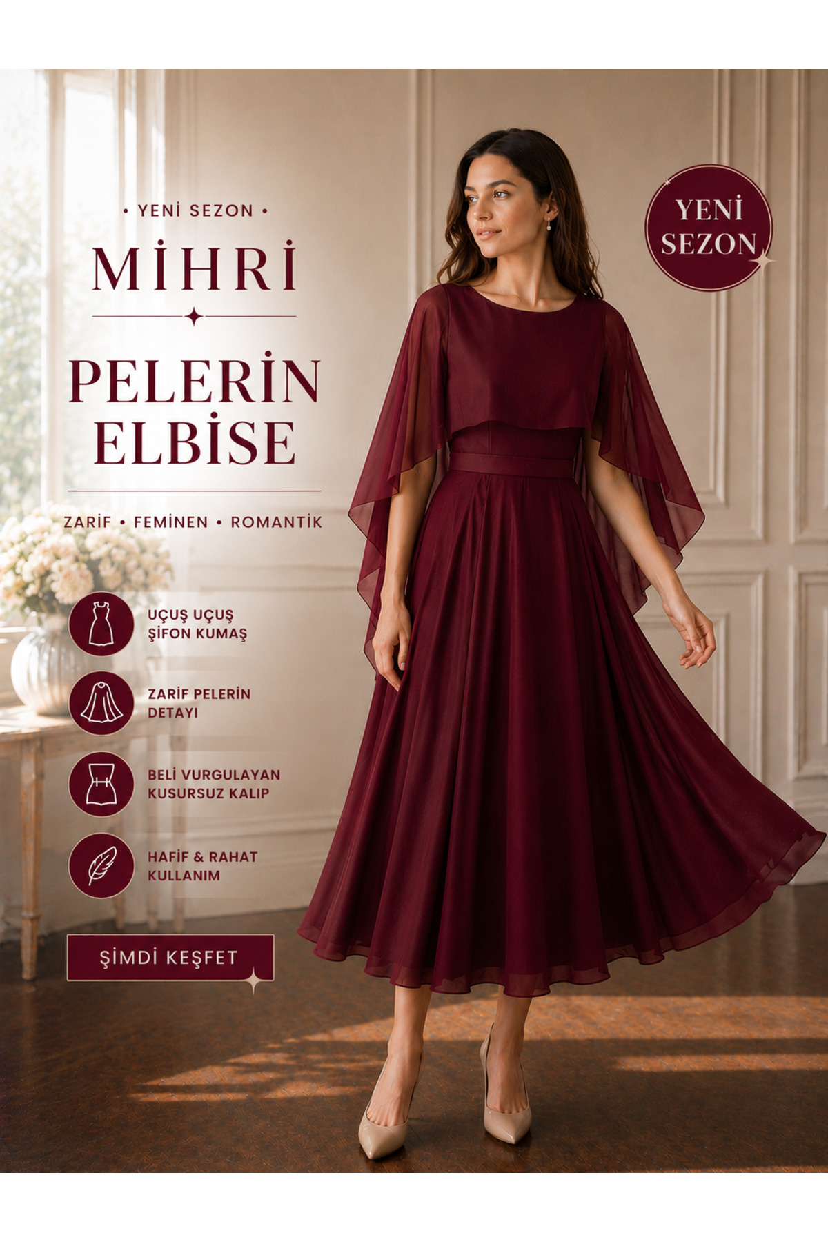essolaria NUR Bordo Scuba/Krep Şifon Pelerinli Midi Boy Düğün Nikah Abiye/Elbise görsel 3