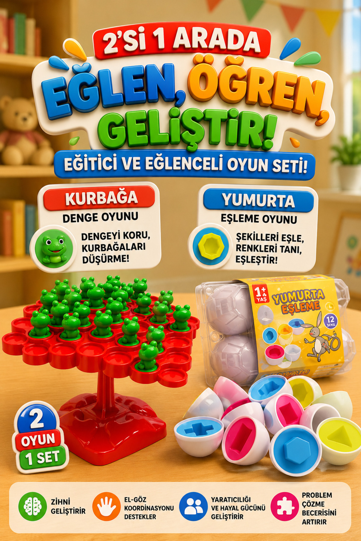 M&H 2'li Oyun Seti - Kurbağa Denge - Yumurta Eşleme - Eğitici ve