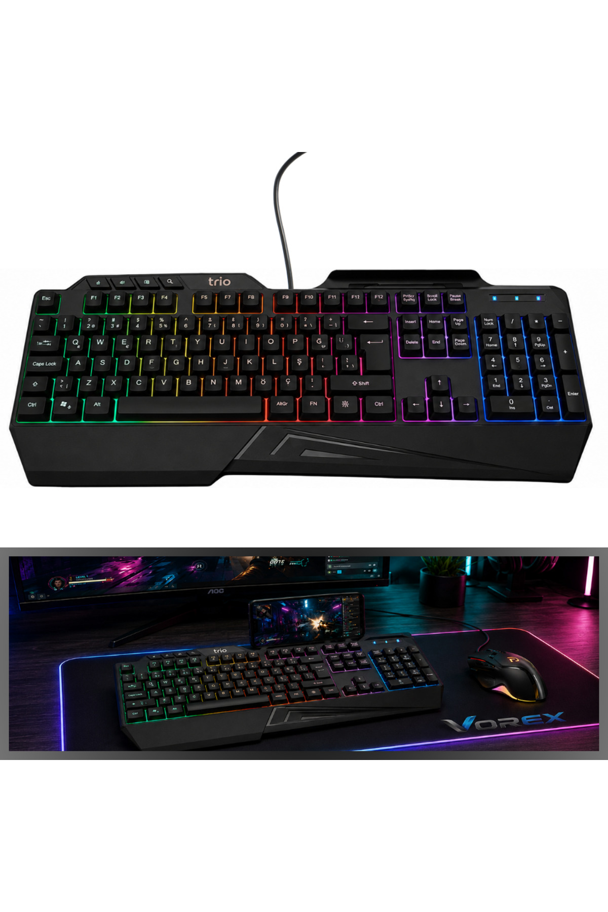 VOREX Trio GKX-99 RGB Oyuncu Klavyesi USB Türkçe Q Telefon Standlı