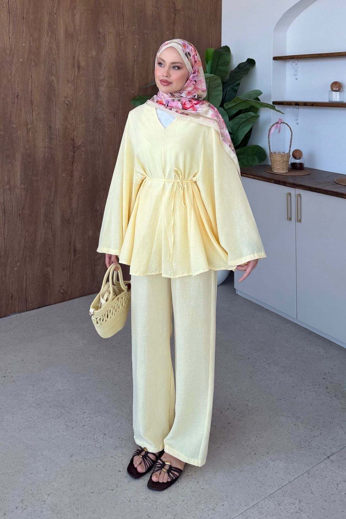 Hazamoda Valide V-Neck Linen Suit Yellow