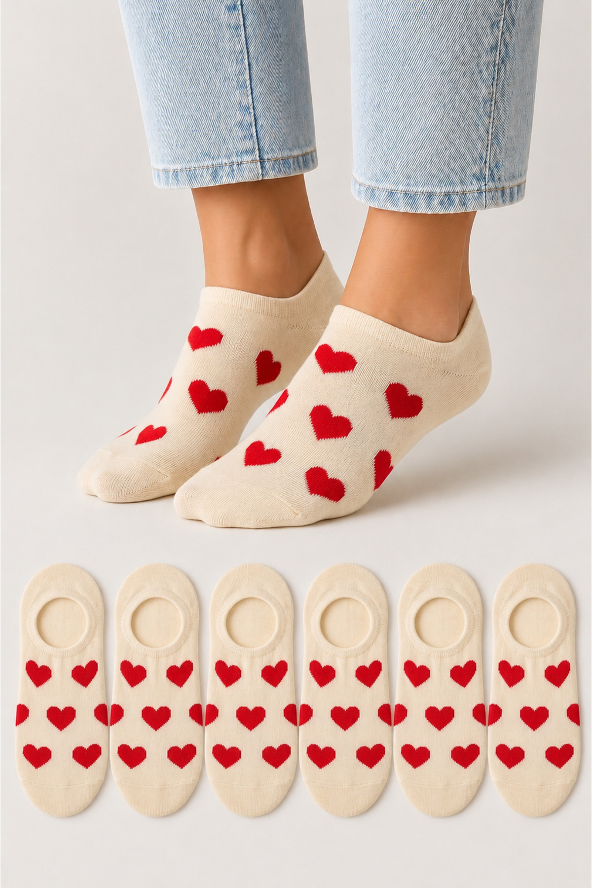 Kadın Dikişsiz Soft Pamuk Kalp Desenli 6'lı Sneakers Çorap Ekru
