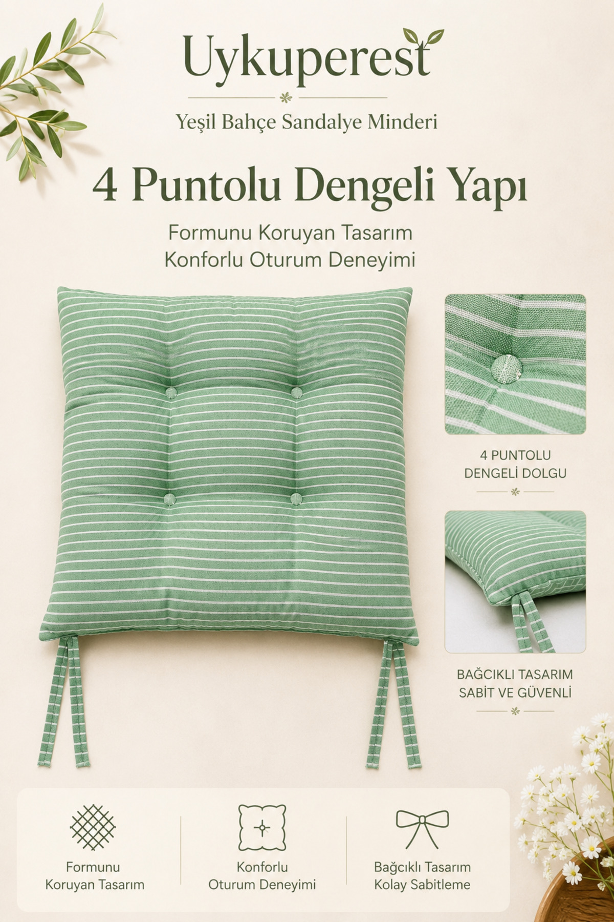 Pastello Pofidik Sandalye Minderi 40x40 Bağcıklı 4 Puntolu Silikon Dolgulu Pamuk Bahçe Balkon Tekli detay