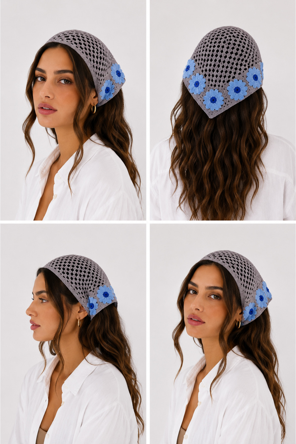 Kadın Örgü Bandana Çiçek Motifli Yazlık Bohem Saç Bandanası 11