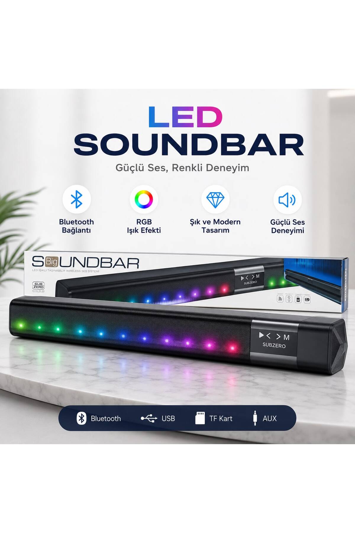 Genel Markalar LED Soundbar Bluetooth Hoparlör RGB Işıklı Kablosuz Ses Sistemi USB TF Kart AUX Destekli