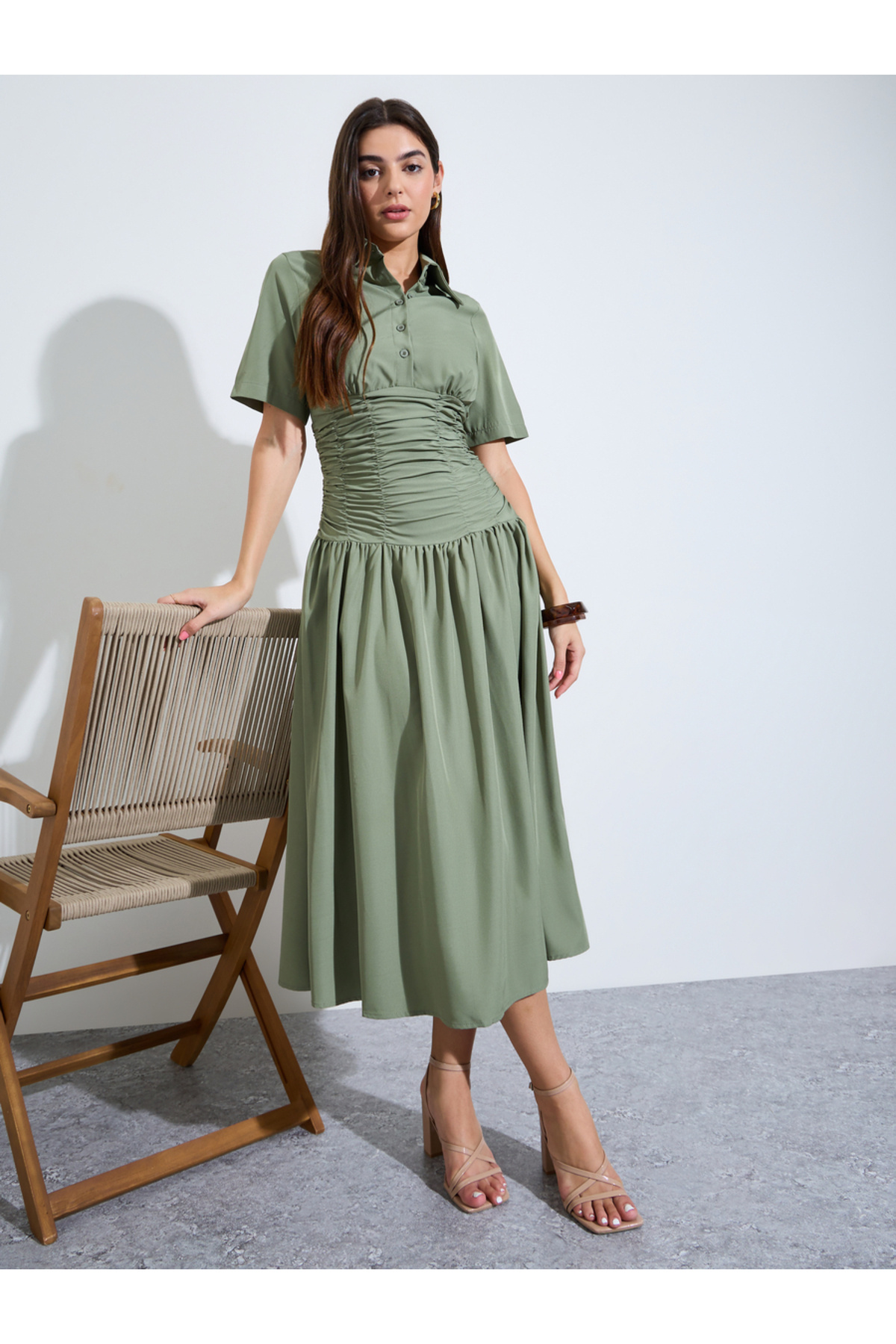 Styli Green Gathered Casual Shirt Midi Dress