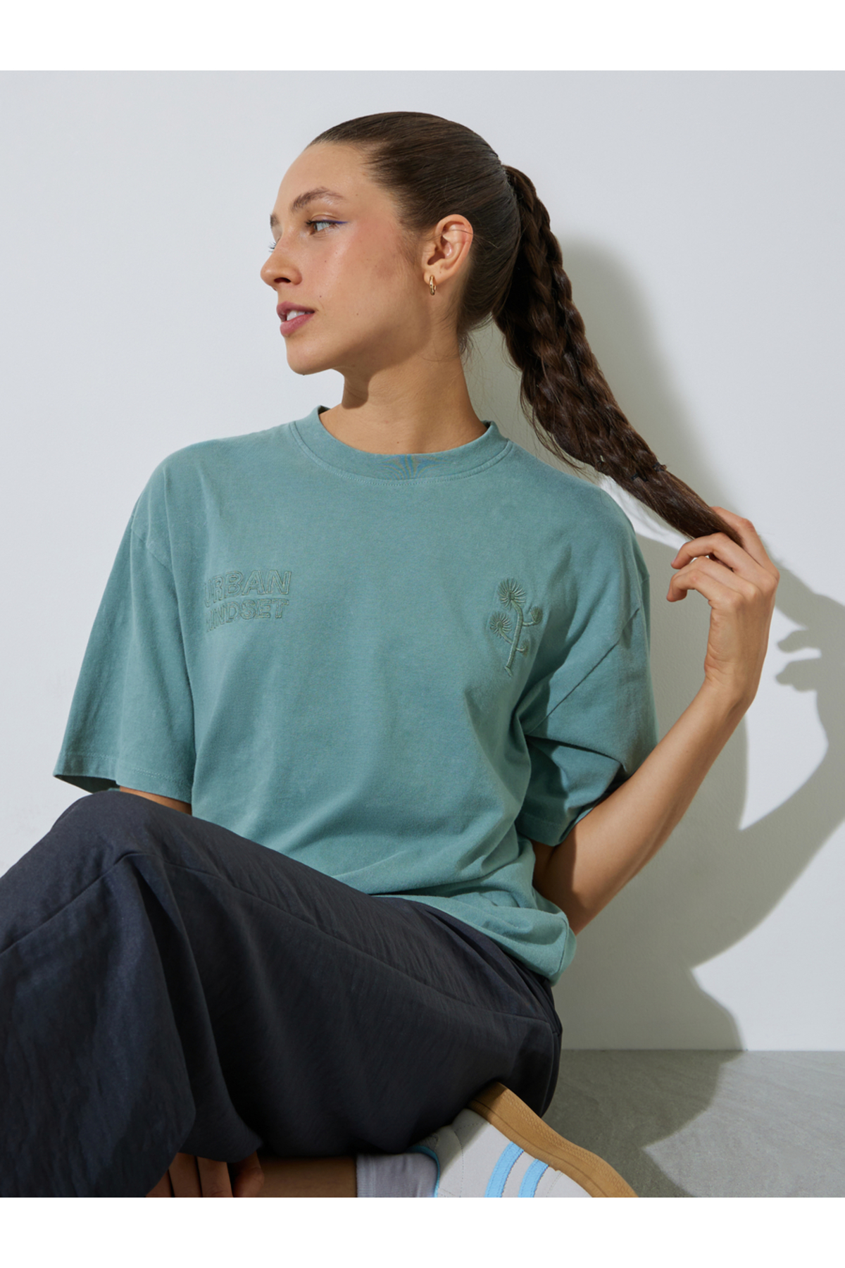 Styli Green Tonal Slogan Embroidered 100% Cotton Washed T-Shirt
