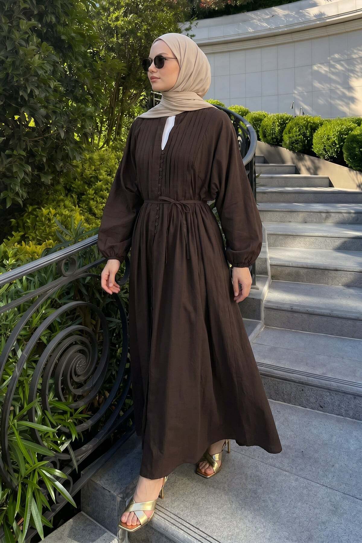 Salih Çelebi Voile Button Detailed Pleated Dress 5007 - Aci Brown