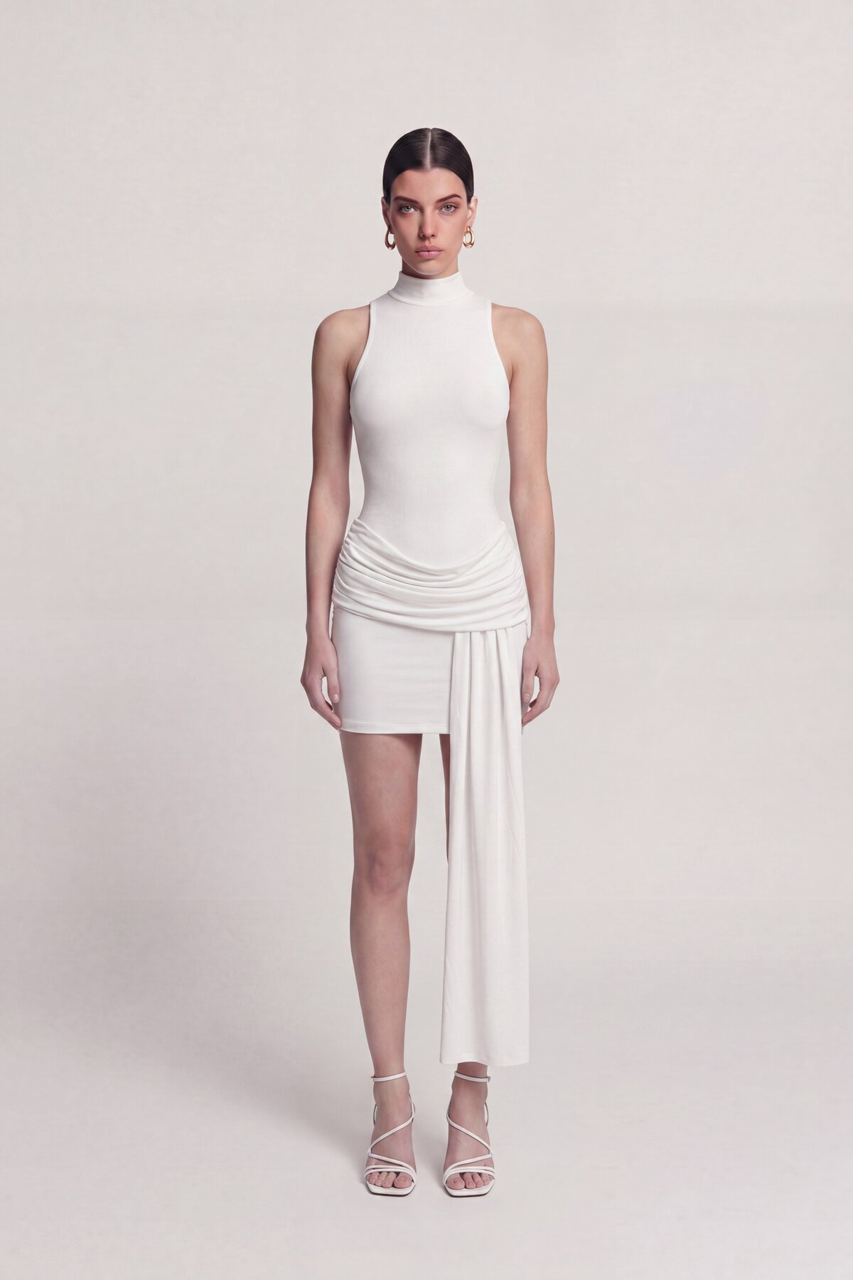 Back Open Skirt Draped Mini Daisy Dress White
