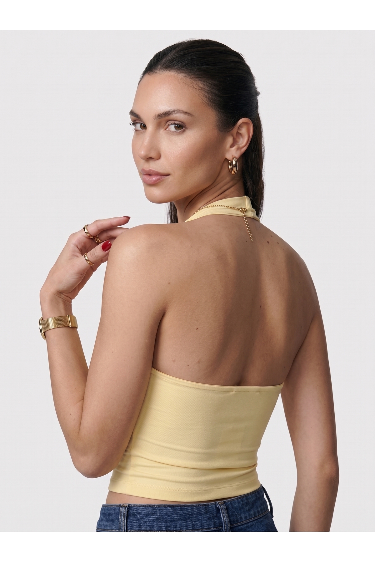 Kadın Halter Yaka Dar Kalıp Sırt Dekolteli Slim Fit Basic Body - Sarı 3