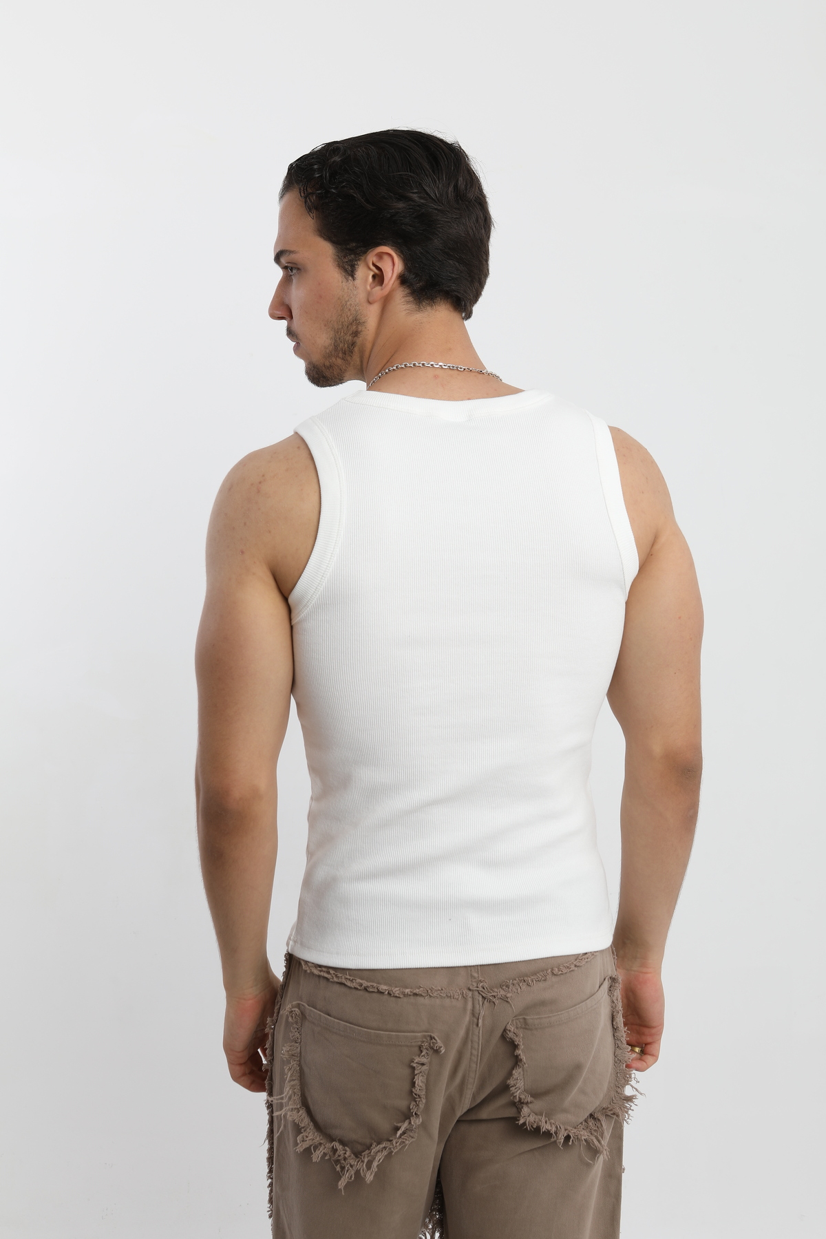 OİR Erkek Fitilli Ekru Renk Tank Top No.1 Likralı Pamuk Kaşkorse Atlet görsel 5