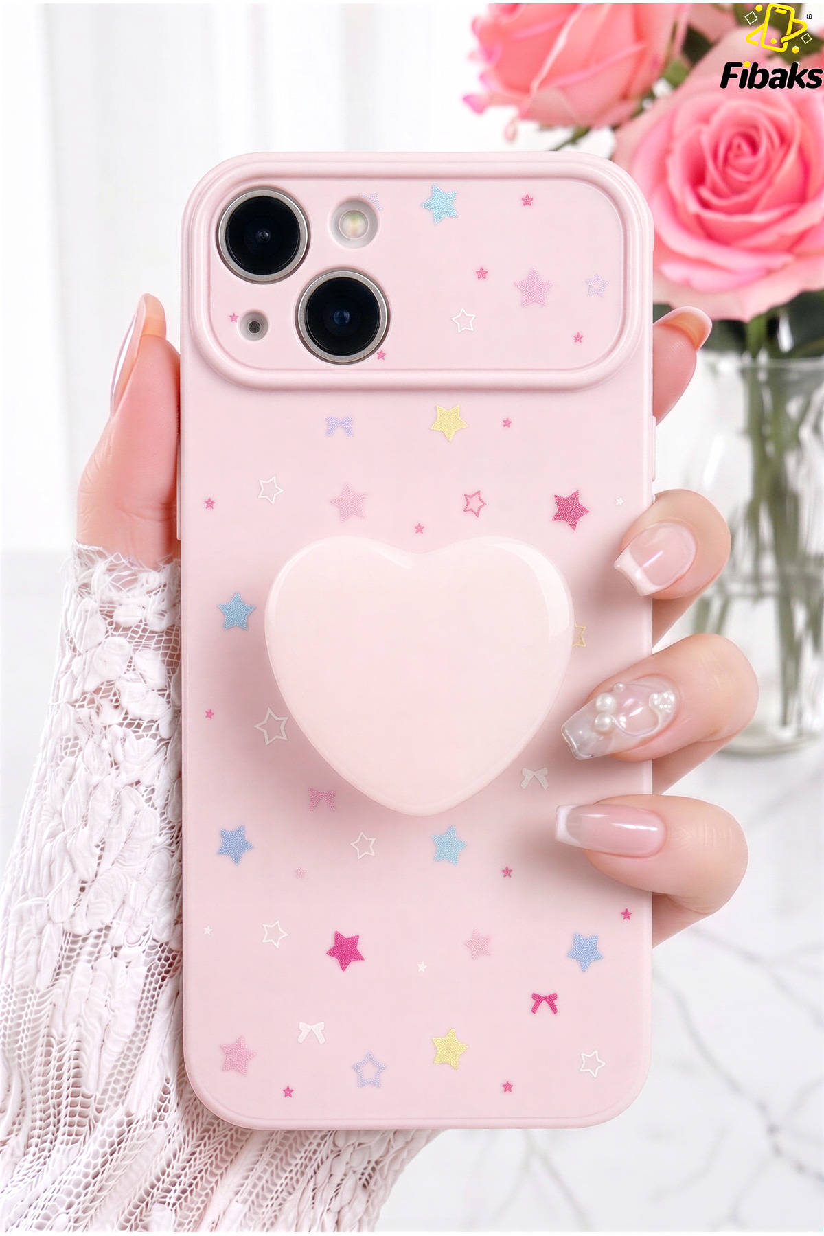iPhone 13/14 Case Pink Heart Pop Socket 3D Heart Detailed Star Pattern Camera Protected Phone Case