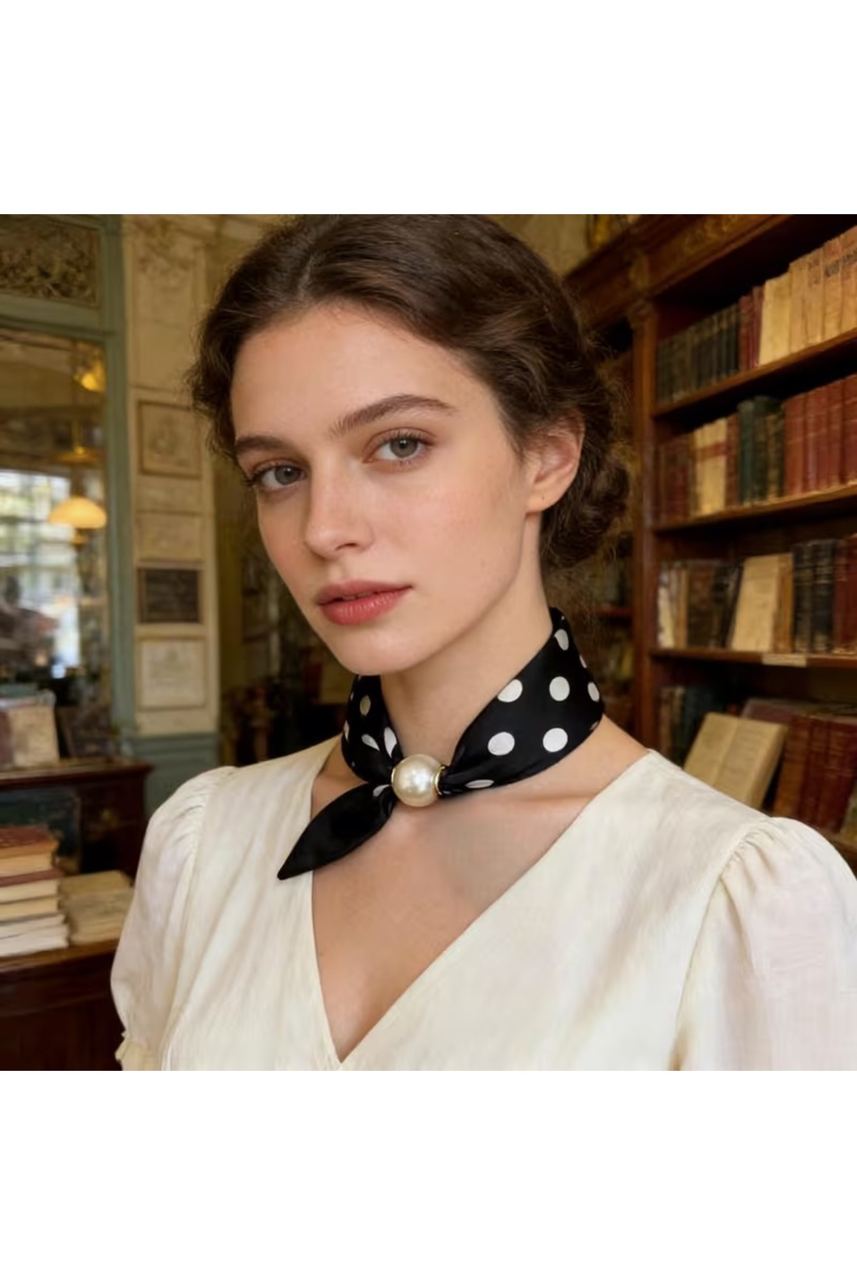 Estilo Lingerie İnci Detaylı Mıknatıslı Fular, Saten Fular, Puantiyeli Fular görsel 4