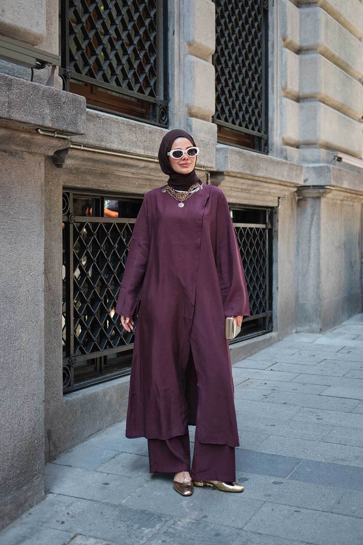 LOCCO Women's Collared Detailed Long Cardigan Modal Set in Plum