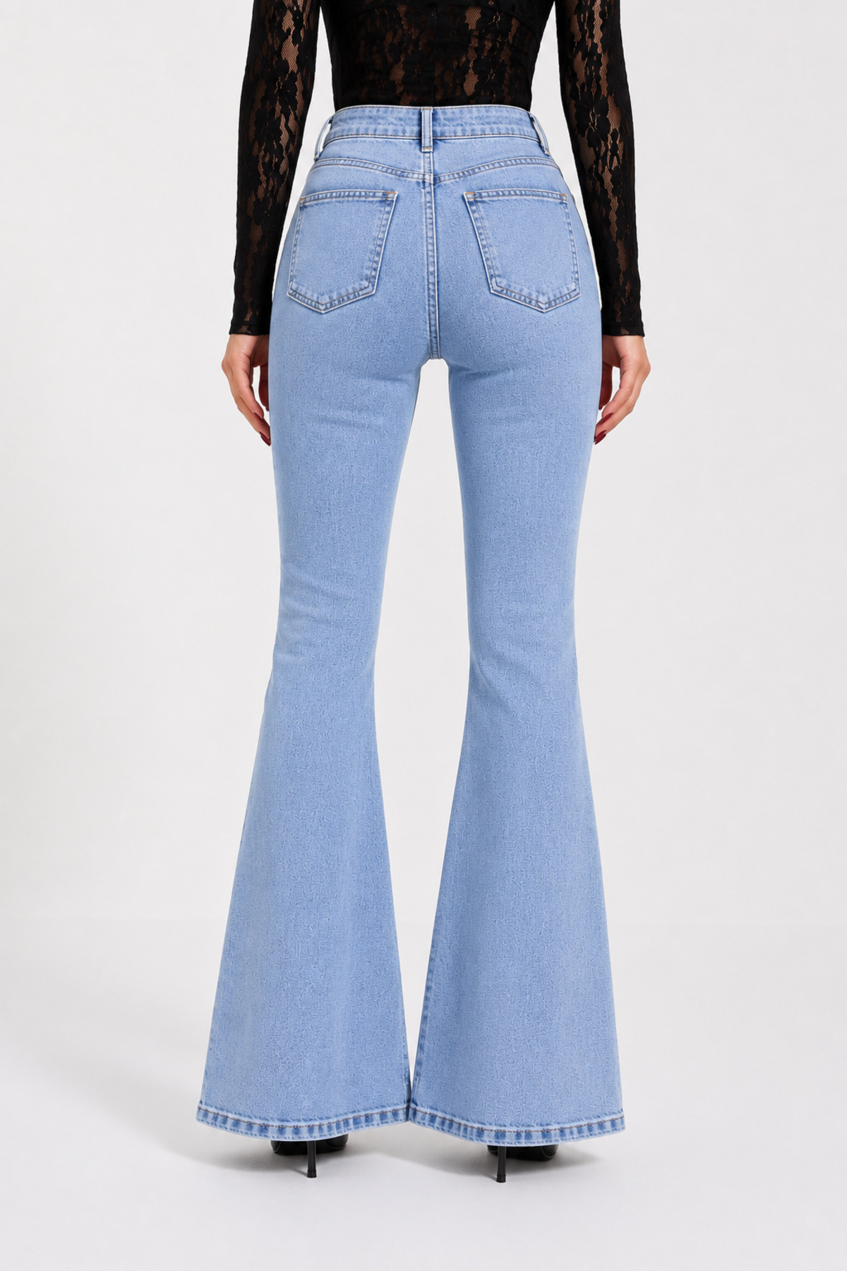 Lighter Jeans Likralı Yüksek Bel İspanyol Paça Kadın Jean Pantolon Kar Mavi Esnek Flare Denim görsel 3