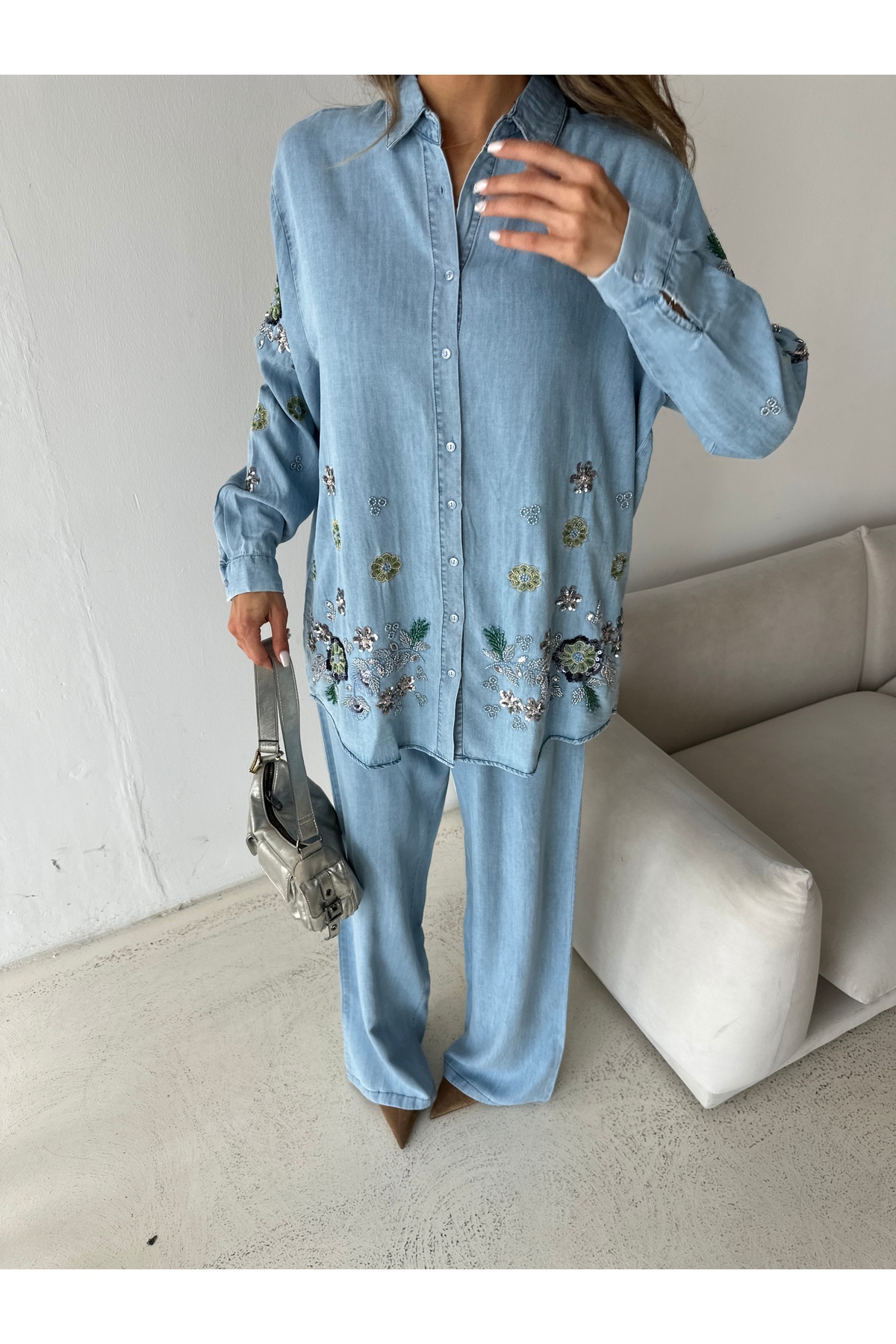 MİA NOURA Women's Denim Fabric Front and Sleeves with Stone Embellishments Stylish Set