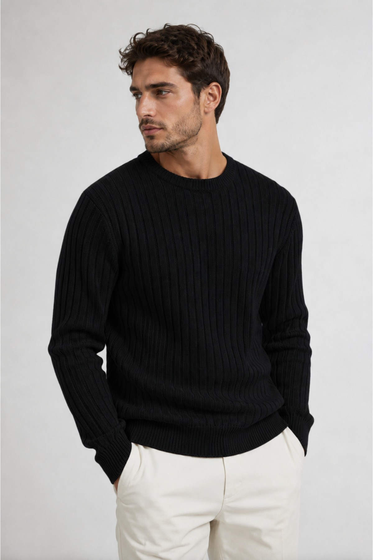 Erkek 3'lü Premium Fitilli Triko Kazak Seti Bisiklet Yaka Slim Fit Kışlık Basic